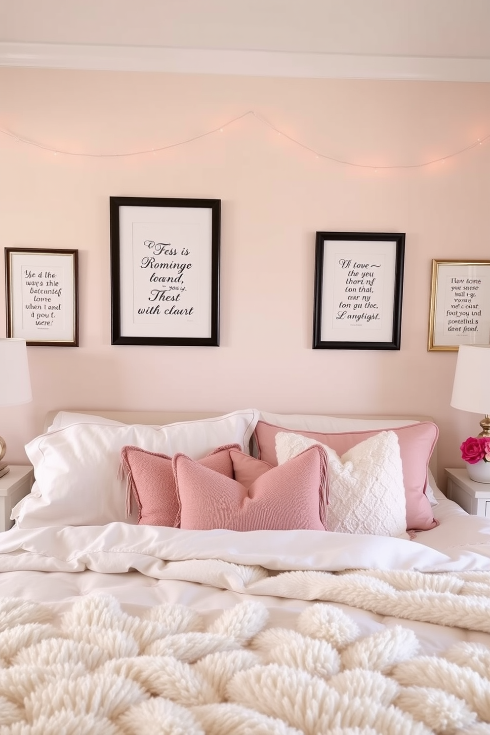 Create a cozy bedroom setting adorned with framed romantic quotes on the walls. The decor features soft pastel colors and plush textiles, creating an inviting atmosphere perfect for Valentine's Day.