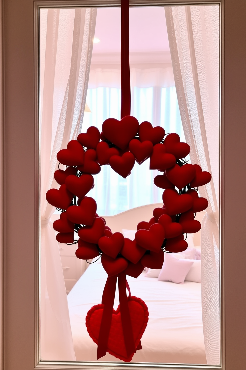 A charming front door adorned with a wreath made of vibrant red hearts. The wreath is elegantly arranged with varying sizes of hearts, creating a festive and inviting atmosphere for Valentine's Day. Inside the bedroom, soft pastel colors set a romantic tone. Delicate heart-shaped pillows are placed on the bed, complemented by light, flowing curtains that gently frame the window.