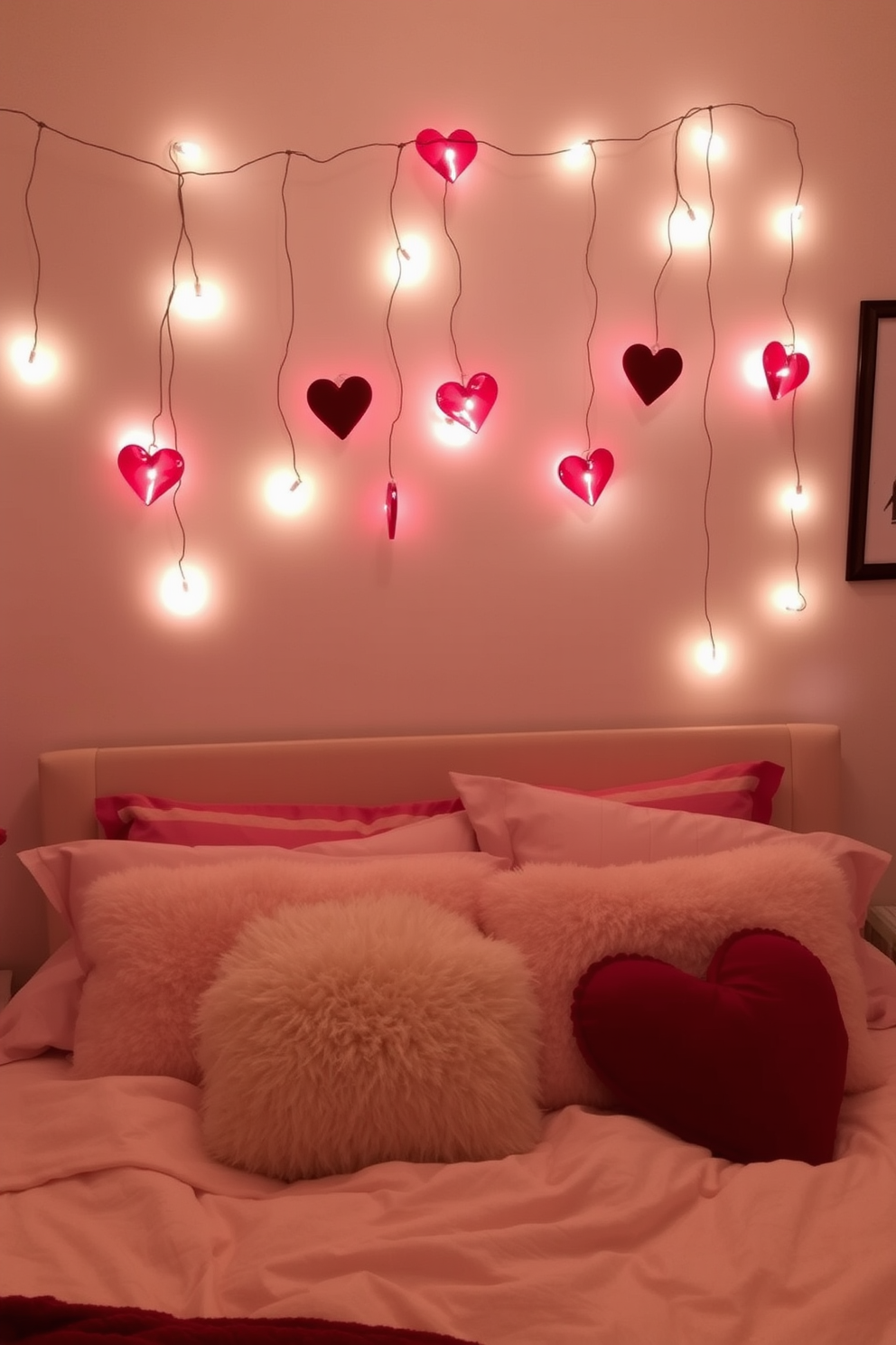 A cozy bedroom adorned for Valentine's Day features string lights shaped like hearts gracefully draped above the bed. The soft glow of the lights creates a romantic ambiance, complementing the plush bedding and decorative pillows in shades of red and pink.