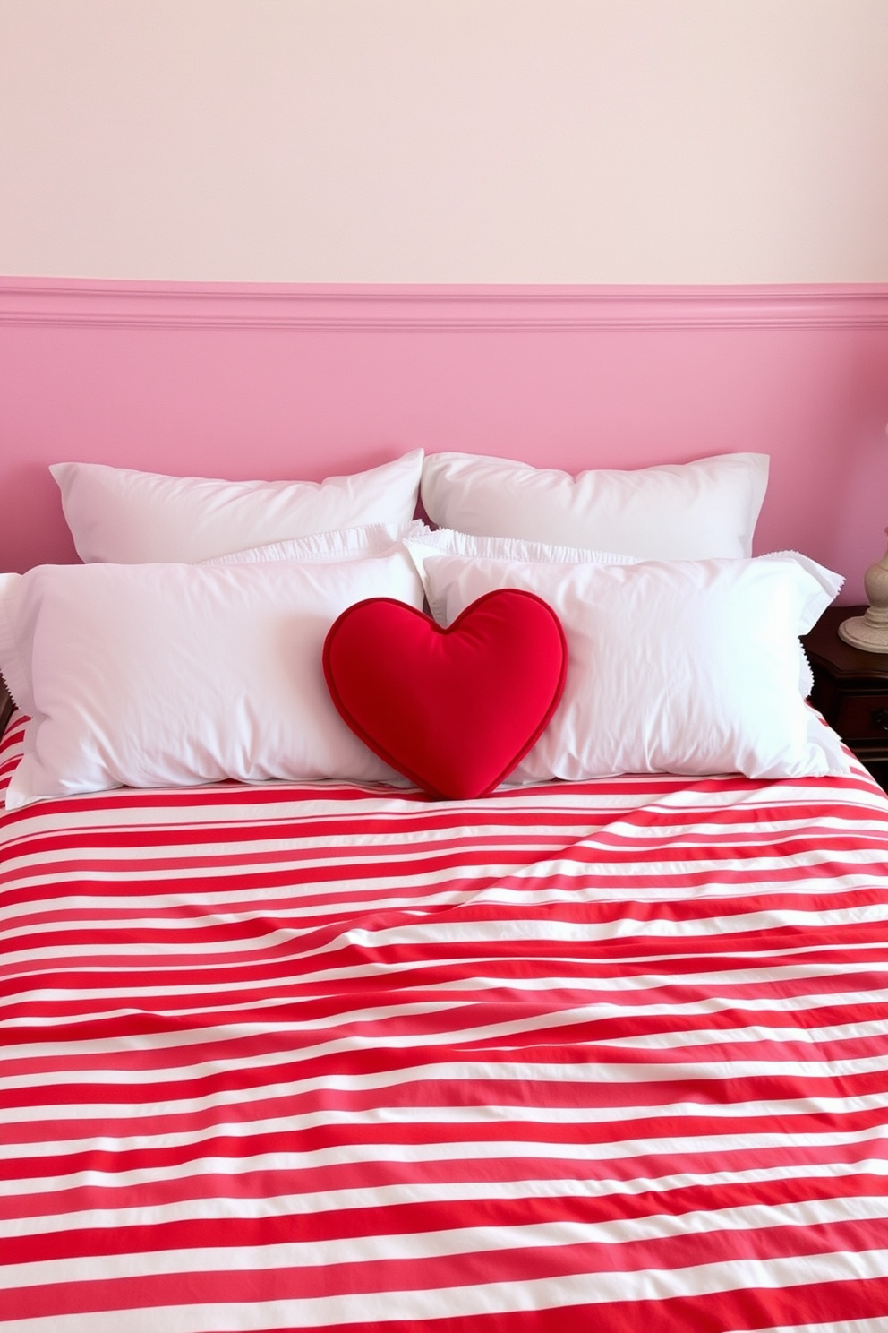 A cozy bedroom featuring a red and white striped bedspread that adds a vibrant contrast to the soft pastel walls. The bed is adorned with fluffy white pillows and a heart-shaped decorative pillow, creating a romantic ambiance perfect for Valentine's Day.