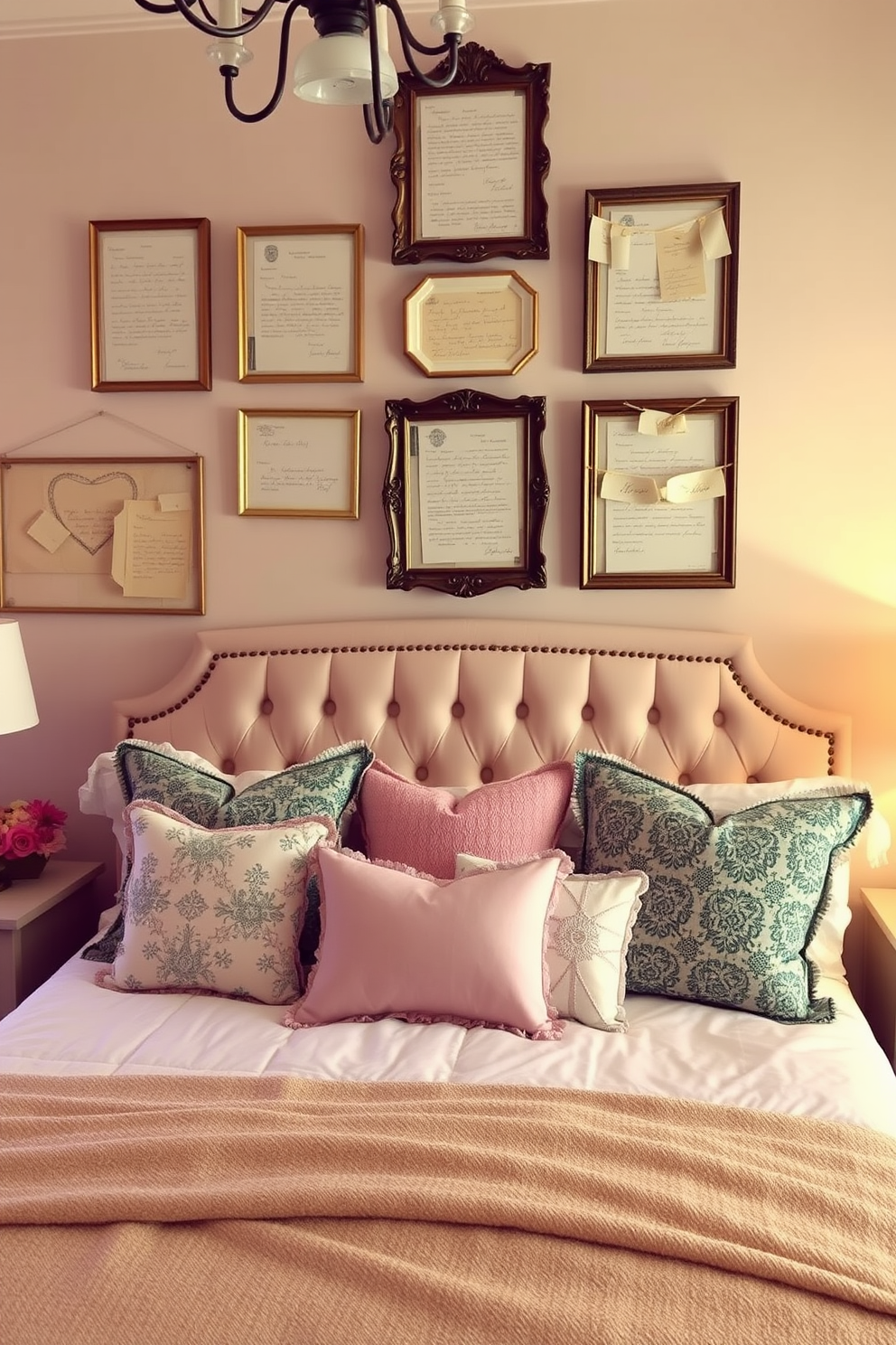 A cozy bedroom adorned with vintage love letters displayed in elegant frames on the walls. Soft pastel colors dominate the decor, with a plush bed featuring a tufted headboard and an array of decorative pillows for a romantic touch.