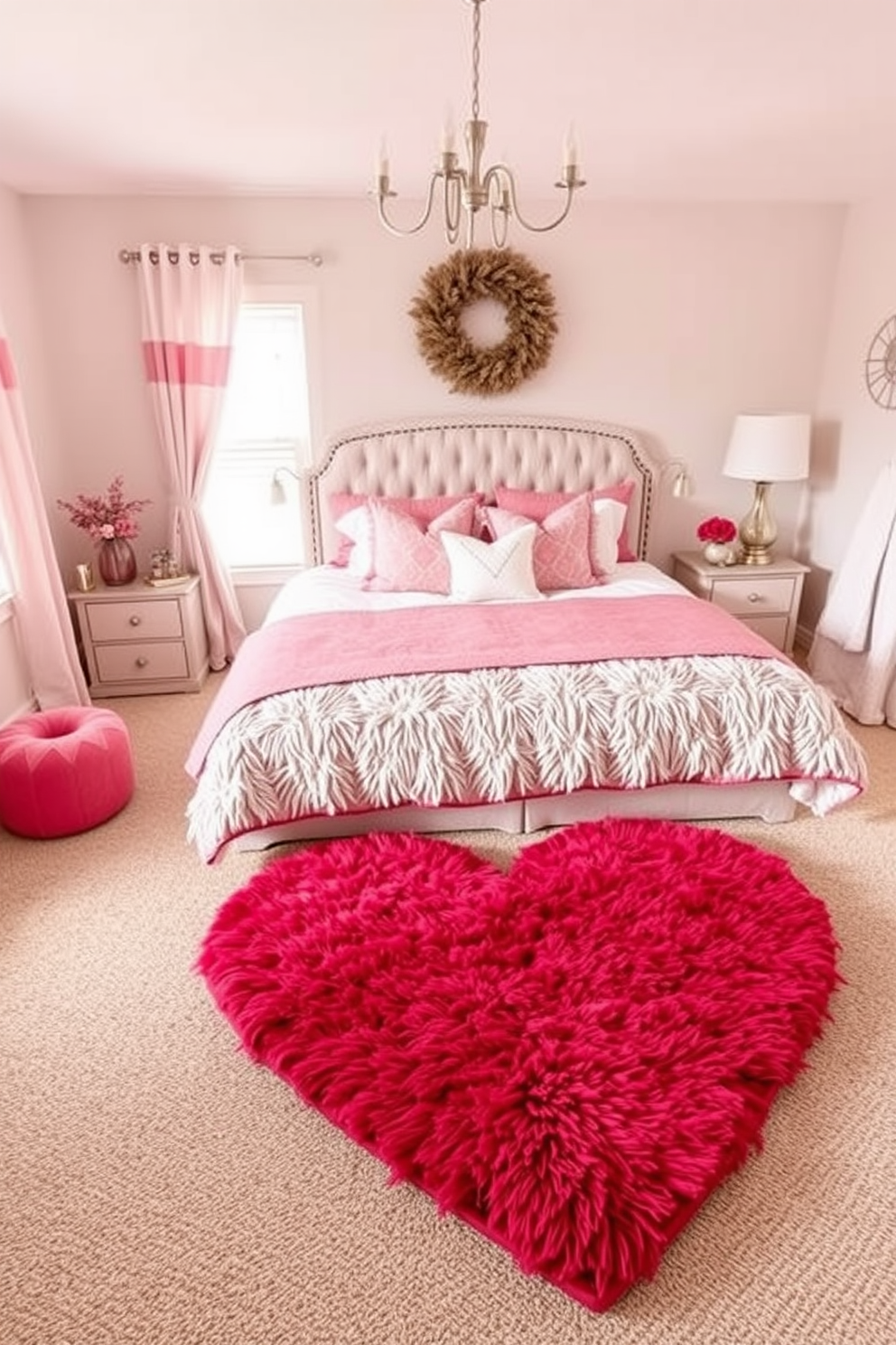 A cozy bedroom featuring a heart-shaped rug placed elegantly in front of a plush bed. The decor is infused with soft pink and red accents, creating a romantic atmosphere perfect for Valentine's Day.