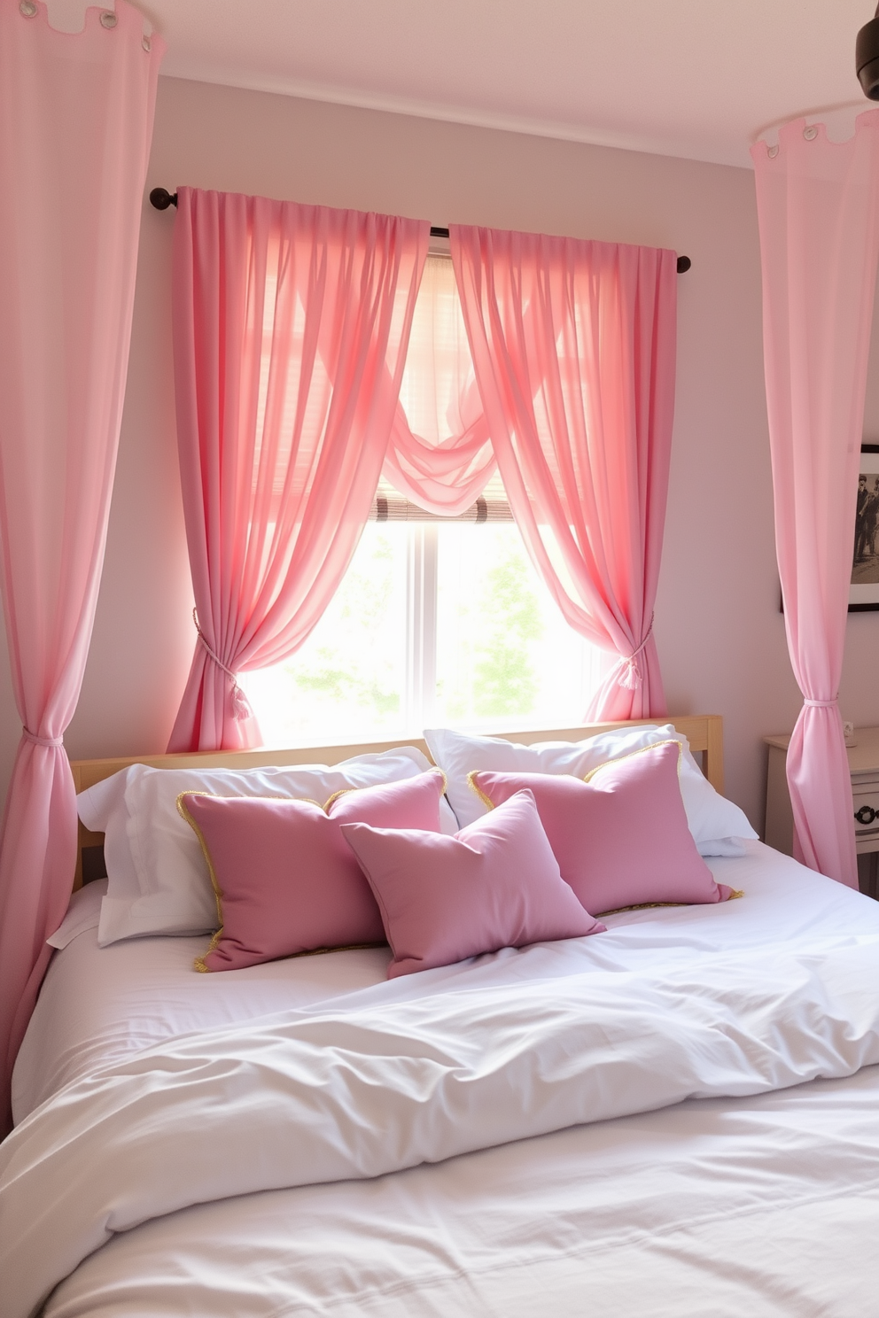 A cozy bedroom setting adorned with soft pink curtains that gently frame the windows, allowing natural light to filter through. The bed is dressed in plush white linens with accent pillows in shades of pink and gold, creating a romantic atmosphere perfect for Valentine's Day.