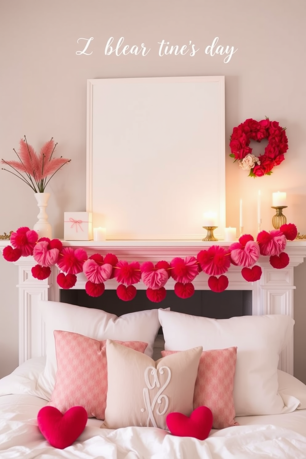 A cozy bedroom adorned for Valentine's Day features a DIY pom pom heart garland draped elegantly across the mantel. The soft glow of candles complements the warm hues of the decor, creating an inviting and romantic atmosphere.