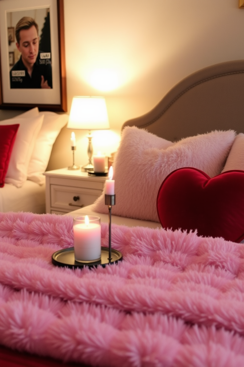 A cozy bedroom setting adorned with romantic scented candles placed strategically on the nightstands and dresser. Soft, warm lighting enhances the atmosphere while plush pillows and a luxurious throw blanket in shades of red and pink create an inviting space for Valentine's Day.