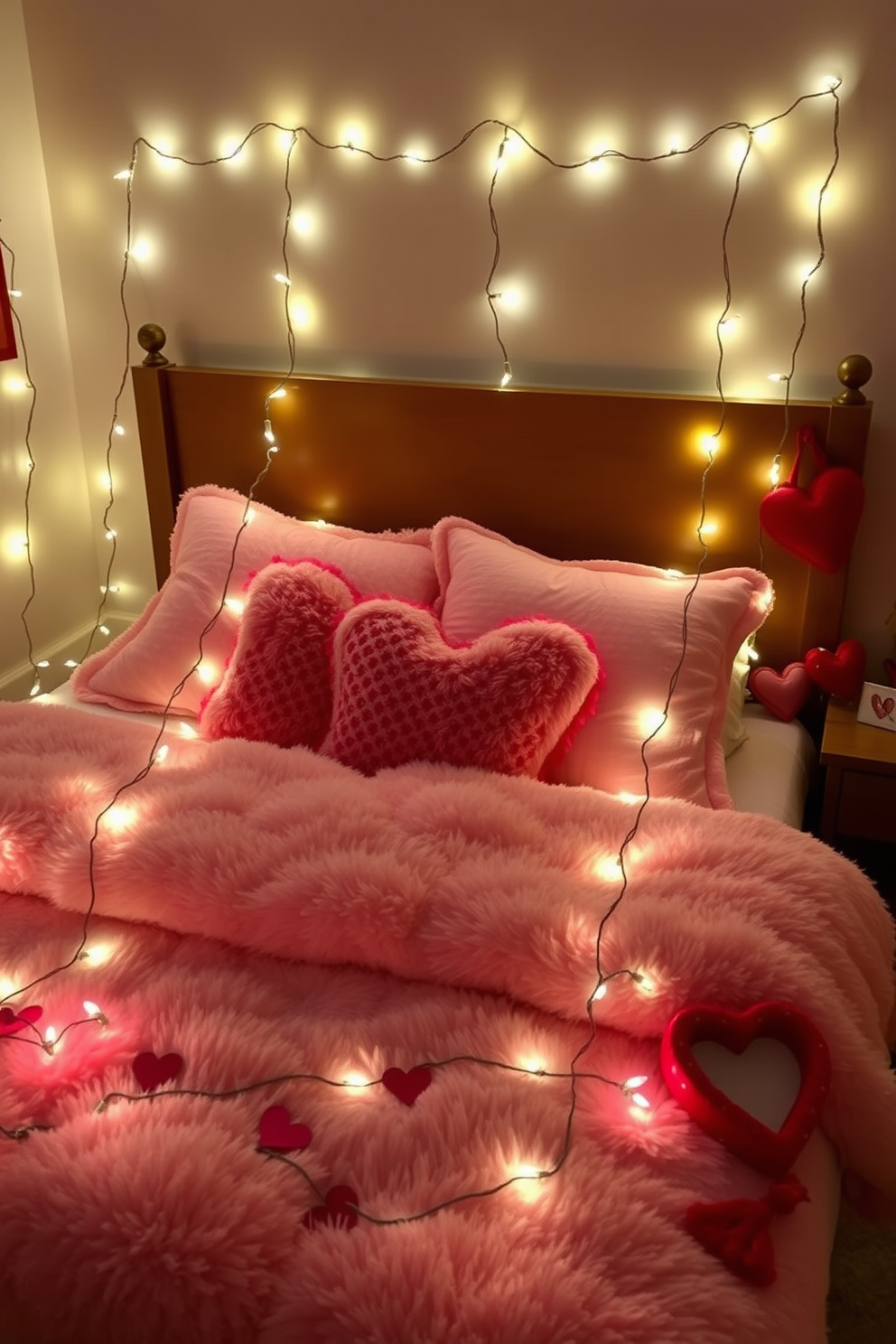 A cozy bedroom adorned with soft fairy lights gracefully draped around the bed, creating a warm and inviting atmosphere. The lights twinkle gently, enhancing the romantic ambiance perfect for Valentine's Day celebrations. The bed features plush pillows and a fluffy comforter in shades of pink and red, complementing the festive decor. Heart-shaped decorations are scattered on the nightstand, adding a charming touch to the overall design.