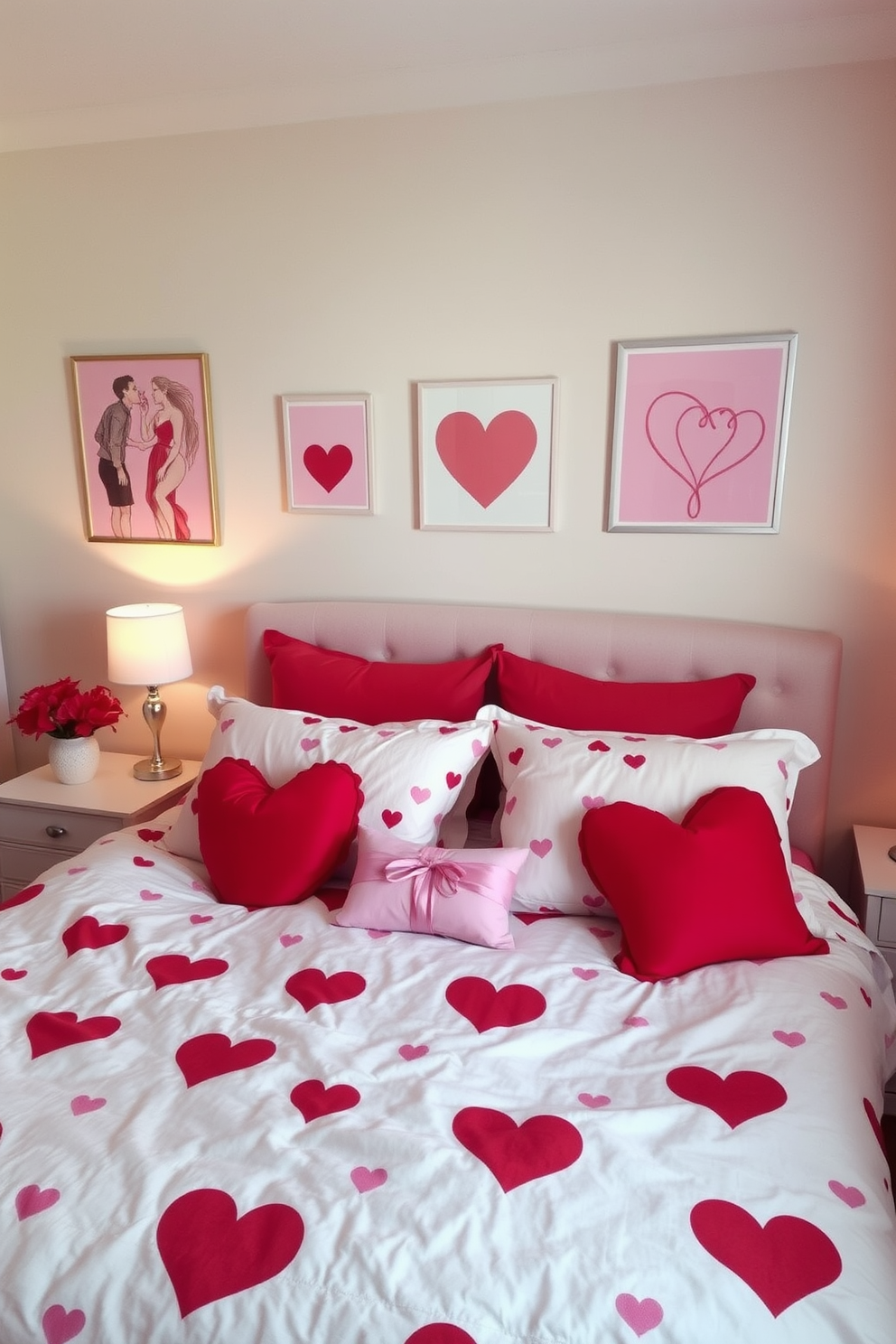 A cozy bedroom adorned with Valentine themed artwork. The walls feature romantic prints in soft pinks and reds, creating an inviting atmosphere. A plush bed is dressed in heart-patterned linens, complemented by decorative pillows in various shades of red. Soft lighting from bedside lamps enhances the warmth of the space, making it perfect for a romantic getaway.