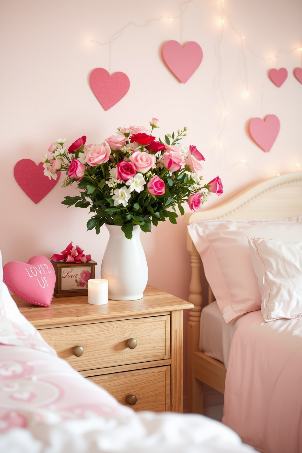 A charming bedroom setting adorned for Valentine's Day. A wooden dresser holds a beautiful vase filled with fresh flowers, adding a touch of romance to the space. Soft pastel colors dominate the decor, creating a warm and inviting atmosphere. Heart-shaped decorations and delicate fairy lights enhance the festive spirit throughout the room.