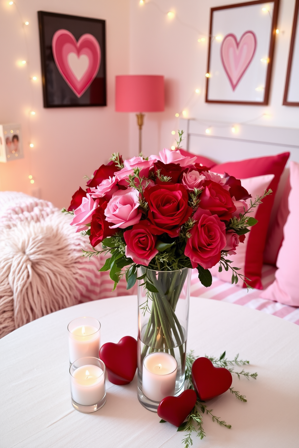 A stunning table centerpiece for Valentine's Day featuring a mix of red and pink flowers arranged elegantly in a glass vase. The centerpiece is complemented by heart-shaped candles and delicate greenery, creating a romantic atmosphere. A cozy bedroom decorated for Valentine's Day with soft red and pink accents. Plush throw pillows and a warm blanket adorn the bed, while heart-themed artwork and fairy lights add a charming touch to the space.