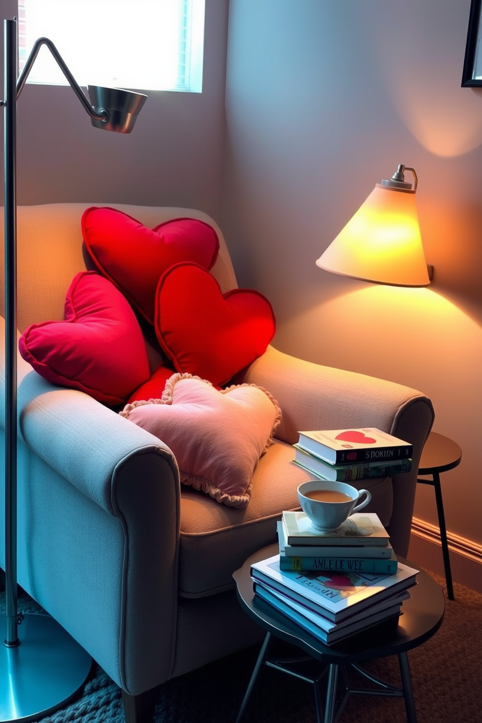 A cozy reading nook with a plush armchair upholstered in soft fabric. Heart-shaped pillows in various shades of red and pink are scattered on the chair, inviting relaxation. The nook is illuminated by a warm floor lamp, casting a gentle glow over a small side table. A stack of books and a steaming cup of tea rest on the table, creating a perfect retreat for Valentine’s Day.