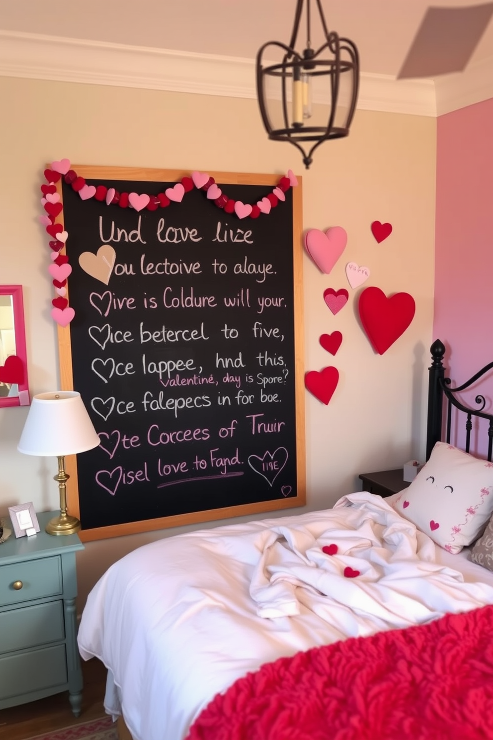 A cozy bedroom adorned for Valentine's Day. The walls are painted in soft pastel colors, and a large chalkboard displays heartfelt love messages in colorful chalk.