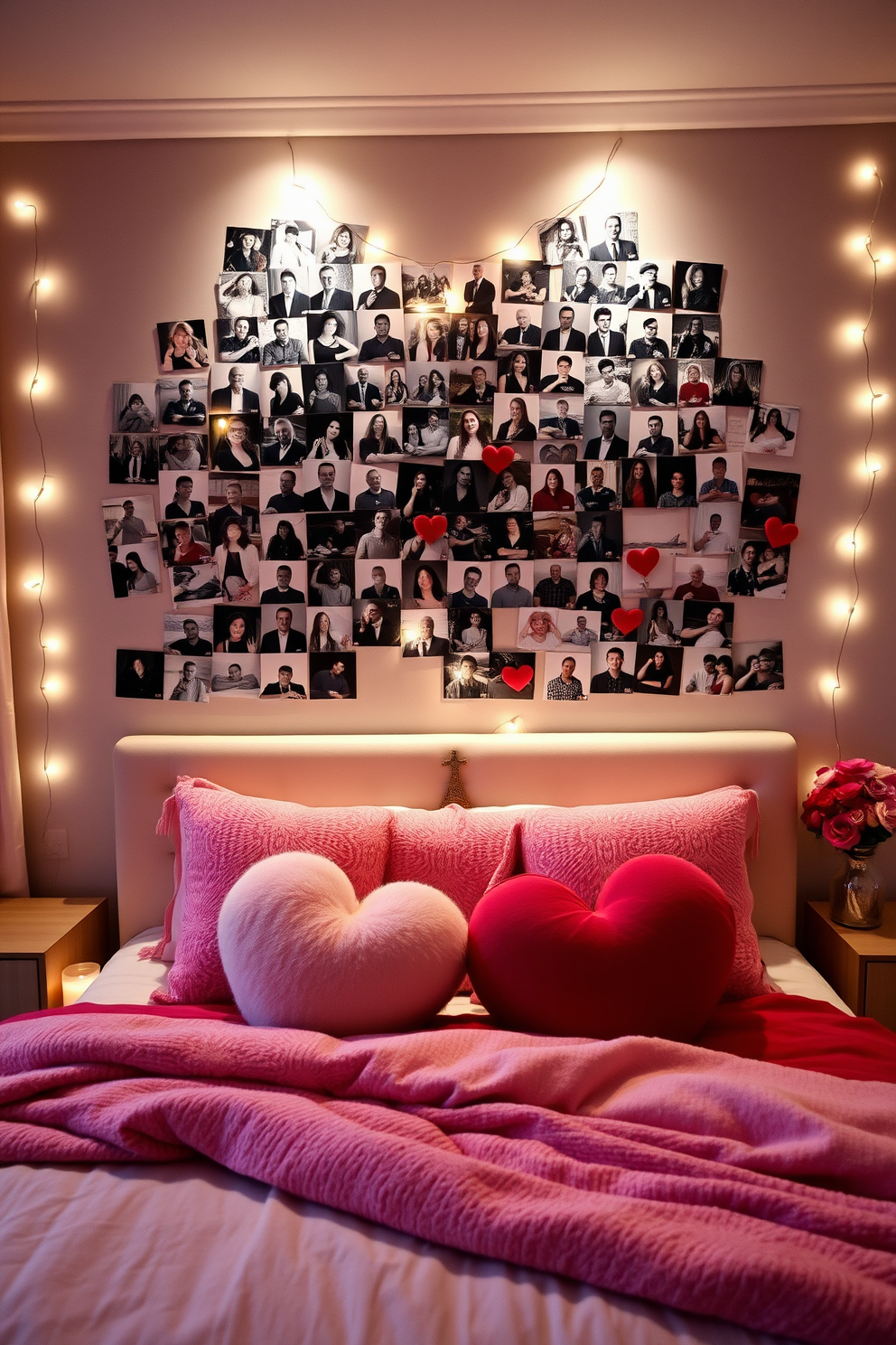 Create a heart-shaped photo collage on a feature wall in a cozy bedroom. Use a mix of black and white and color photos, surrounded by soft fairy lights for a warm ambiance. Incorporate plush throw pillows and a soft blanket in shades of red and pink on the bed. Add romantic candles on the nightstands and fresh flowers in a vase to enhance the Valentine's Day theme.