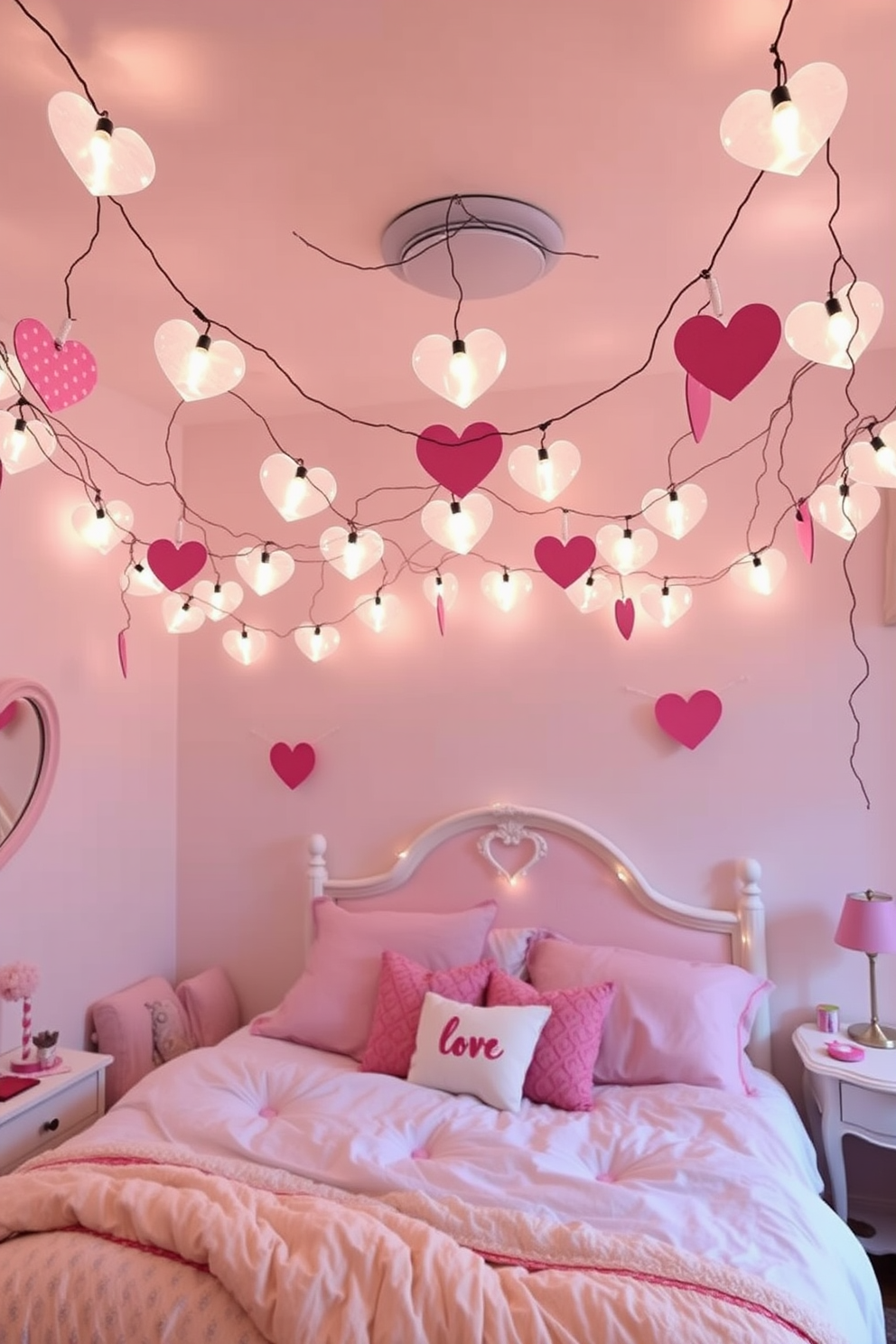 A whimsical bedroom setting adorned with heart-shaped fairy lights strung across the ceiling. Soft pastel colors dominate the decor, creating a romantic and playful atmosphere for Valentine's Day.