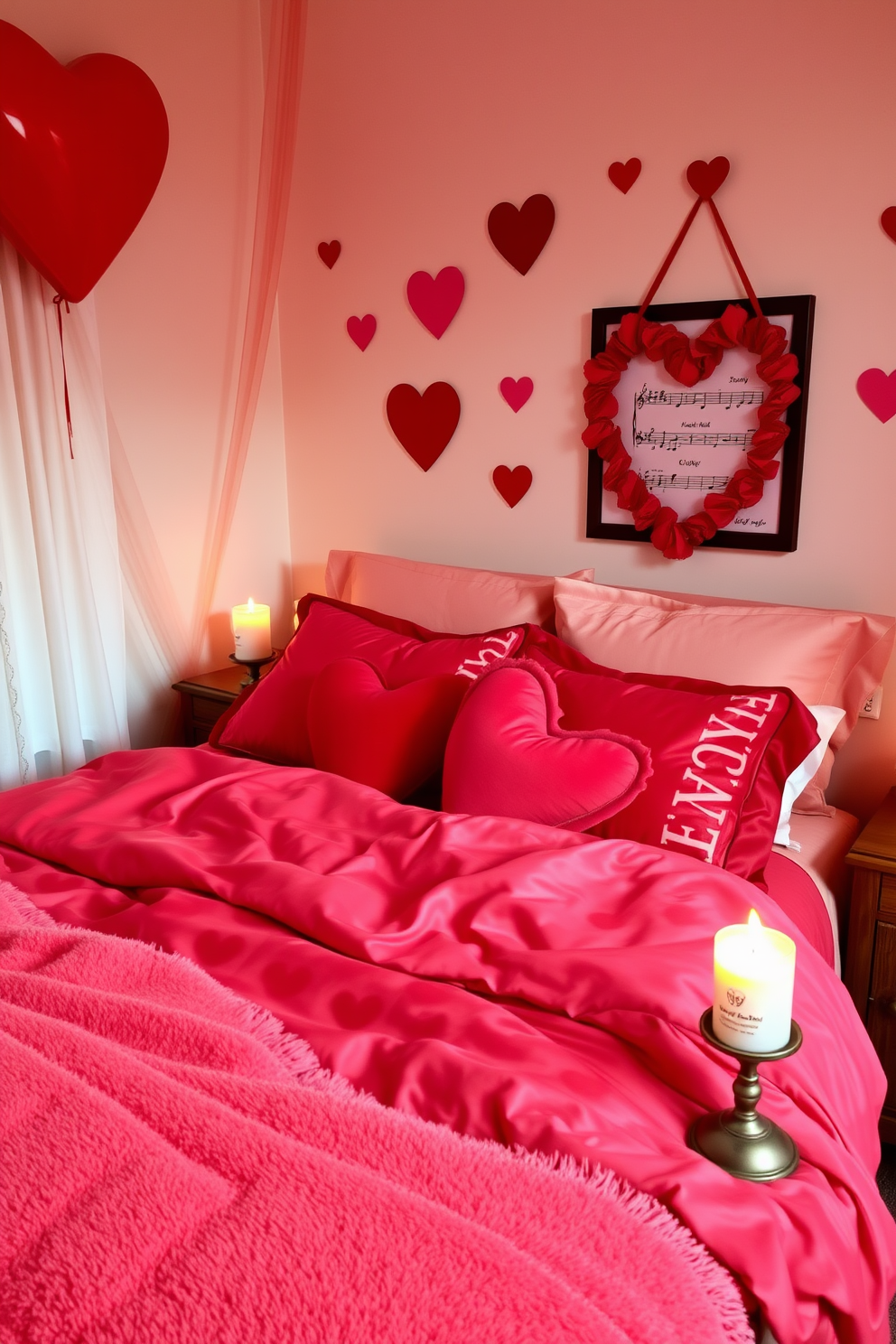 A cozy bedroom setting featuring soft lighting and plush bedding. Heart-themed decorations adorn the walls, and a romantic music playlist softly plays in the background, creating an intimate atmosphere. The bed is draped with luxurious red and pink linens, complemented by heart-shaped pillows. Candles flicker on the nightstands, adding warmth and charm to the Valentine's Day decor.