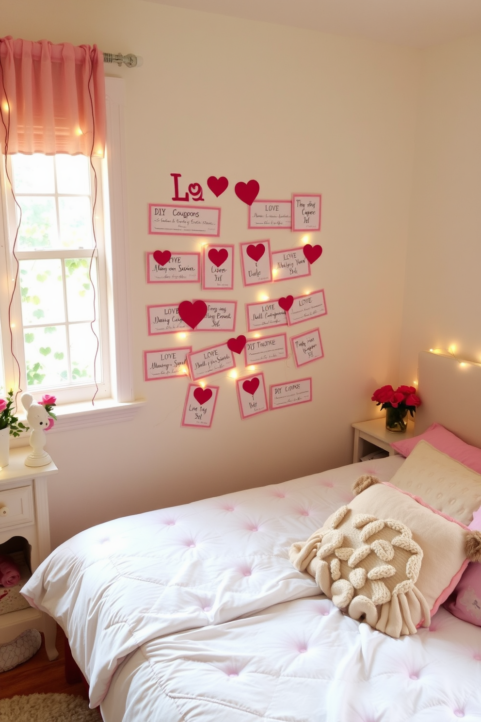 A charming bedroom adorned with DIY love coupons creatively displayed on the wall. The soft pastel colors of the room create a romantic atmosphere, while fairy lights add a warm glow to the space.