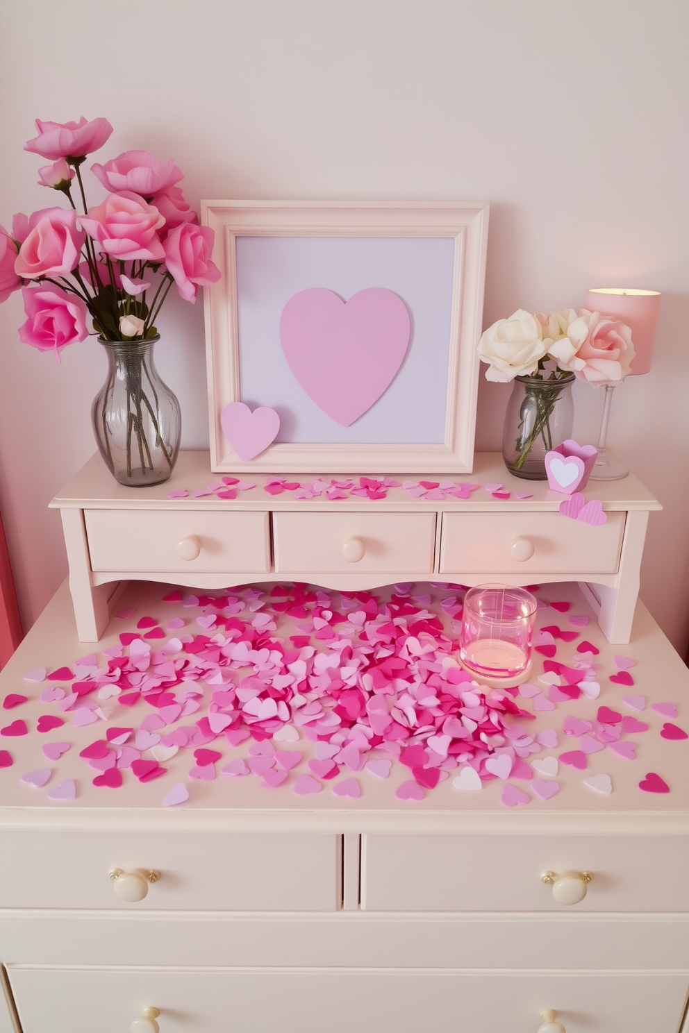 A beautifully arranged dresser adorned with heart-shaped confetti scattered across its surface. Soft pastel colors dominate the decor, creating a warm and inviting atmosphere perfect for Valentine's Day.