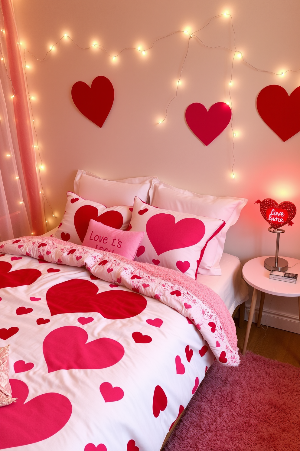 A cozy bedroom setting adorned with themed bedding featuring hearts and kisses in vibrant red and soft pink hues. The bed is dressed with fluffy pillows and a plush throw blanket, creating an inviting atmosphere perfect for Valentine's Day. On the walls, delicate fairy lights twinkle, adding a warm glow to the space. A small bedside table holds a heart-shaped lamp and a box of chocolates, enhancing the romantic decor.