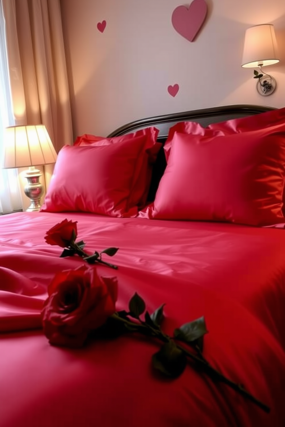 A romantic bedroom setting adorned with satin red sheets and matching pillowcases. The bed is elegantly dressed, creating an inviting atmosphere perfect for Valentine's Day celebrations. Soft lighting from bedside lamps casts a warm glow across the room. A bouquet of fresh roses sits on the nightstand, adding a touch of romance to the decor.