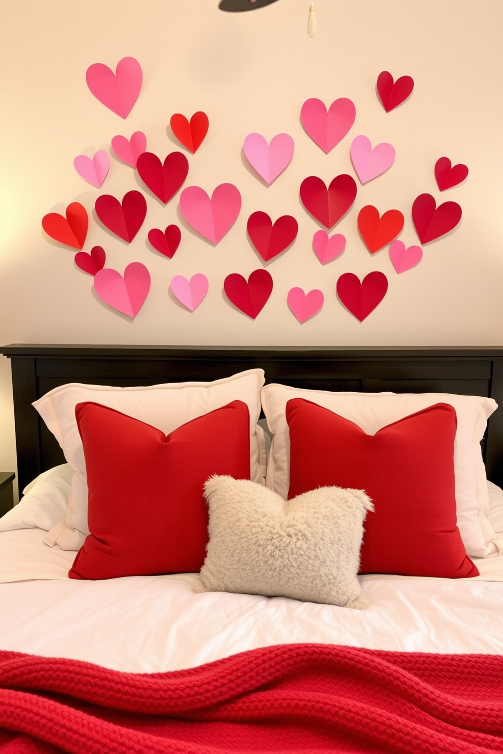 A charming bedroom decorated for Valentine's Day features a heart-shaped wall art display made from various shades of red and pink paper. The artwork is arranged in a playful pattern above a cozy bed adorned with soft, plush pillows and a warm, inviting throw blanket.