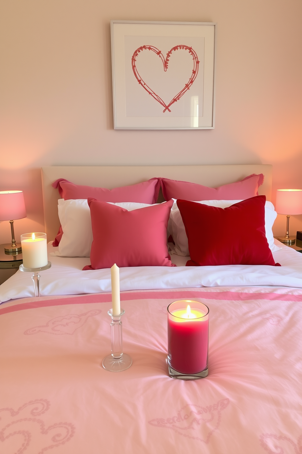 A cozy bedroom setting for Valentine's Day. There are elegant candles in glass holders placed on each nightstand, casting a warm glow throughout the room. Soft pink and red accents are incorporated into the bedding and decorative pillows. A heart-themed artwork hangs above the headboard, adding a romantic touch to the space.