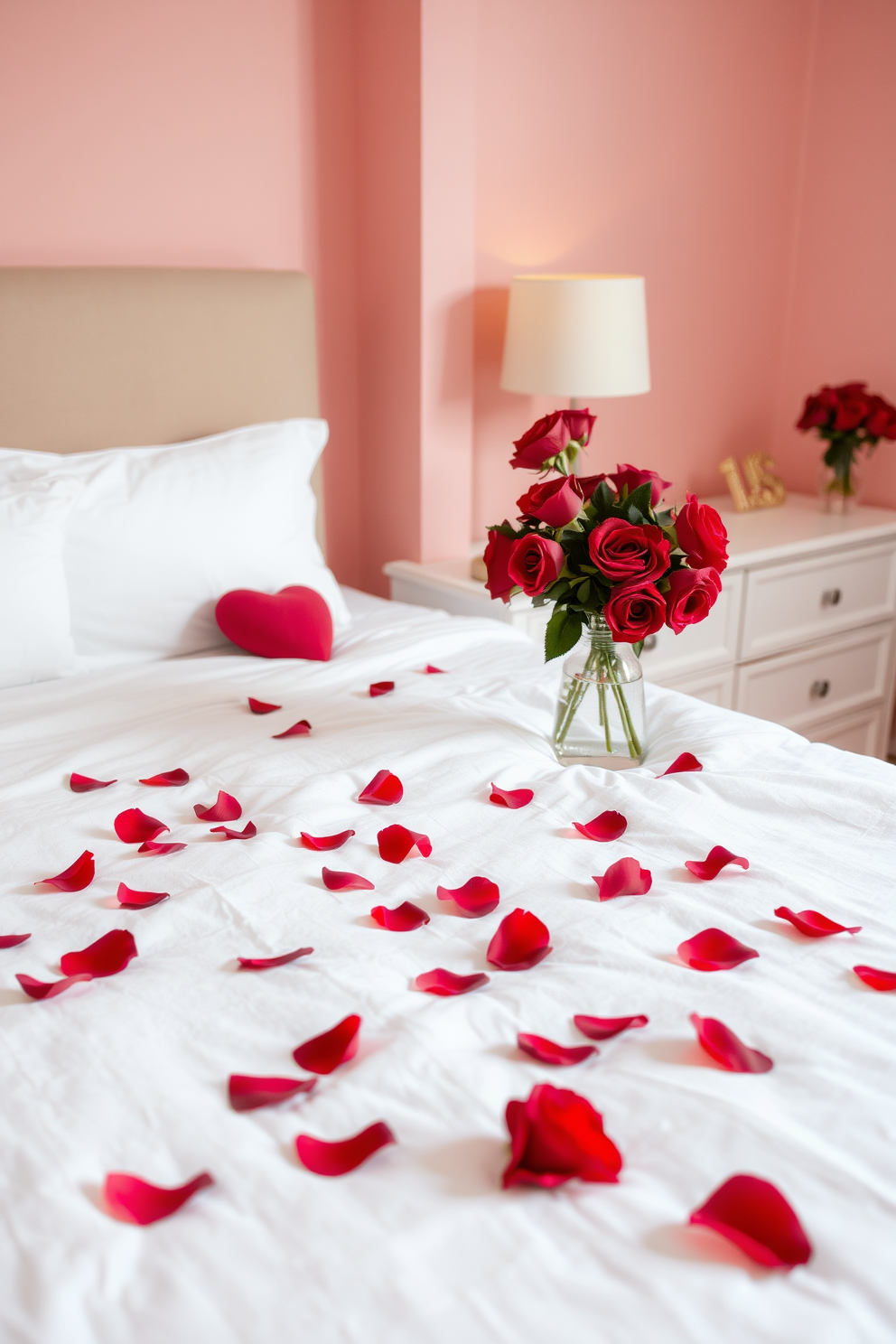 A romantic bedroom setting adorned for Valentine's Day. Rose petals are delicately scattered across a plush white bedspread, creating a soft and inviting atmosphere. The walls are painted in a warm blush hue, complemented by soft ambient lighting. A vase filled with red roses sits on the nightstand, adding a touch of elegance to the decor.