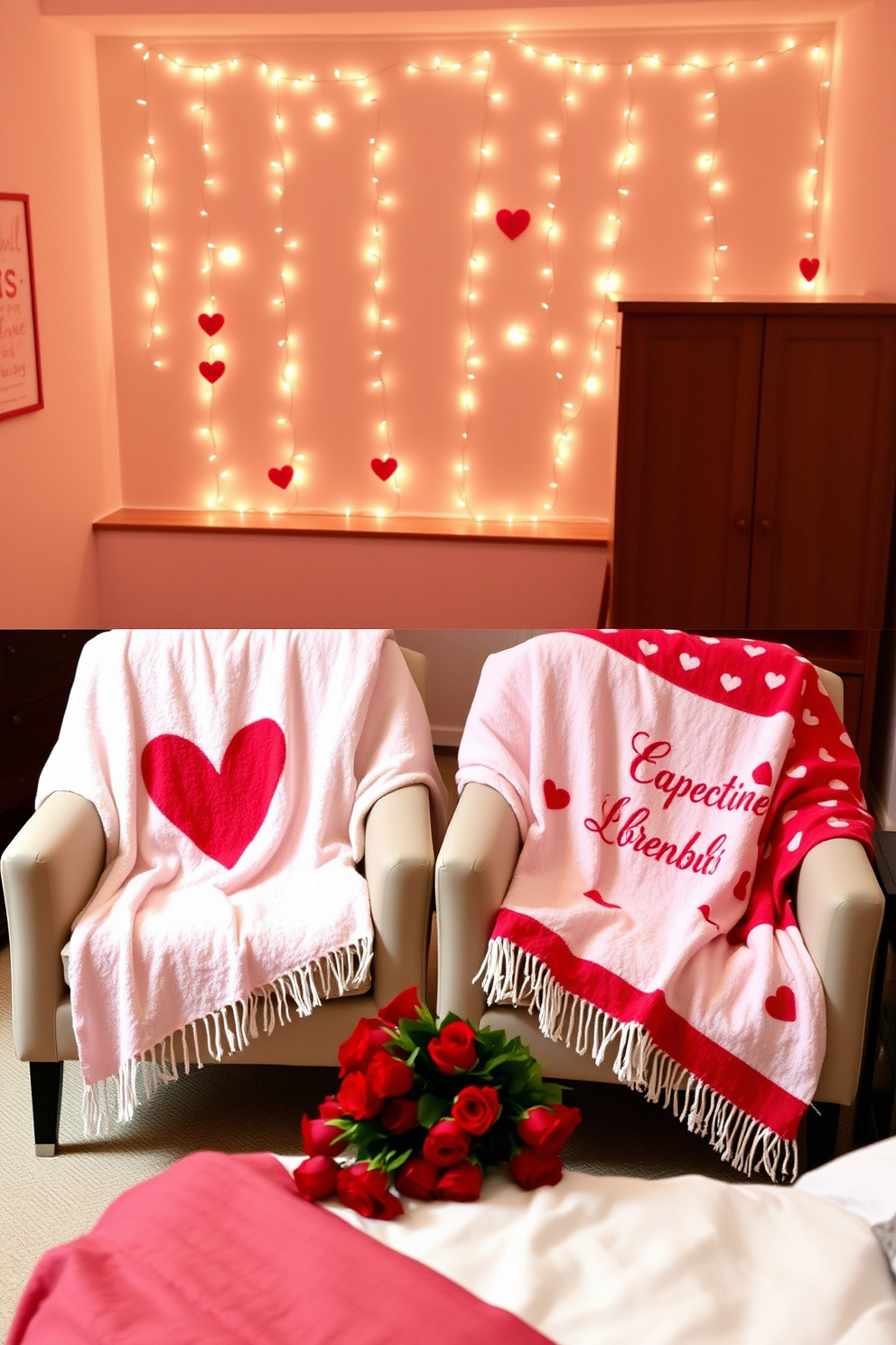 Valentine themed throw blankets drape elegantly over plush chairs in a cozy living room. The blankets feature soft pink and red hues with heart patterns, creating a romantic atmosphere. In the bedroom, delicate fairy lights twinkle above the bed, enhancing the Valentine's Day decor. A bouquet of red roses sits on the nightstand, complementing the warm and inviting ambiance.