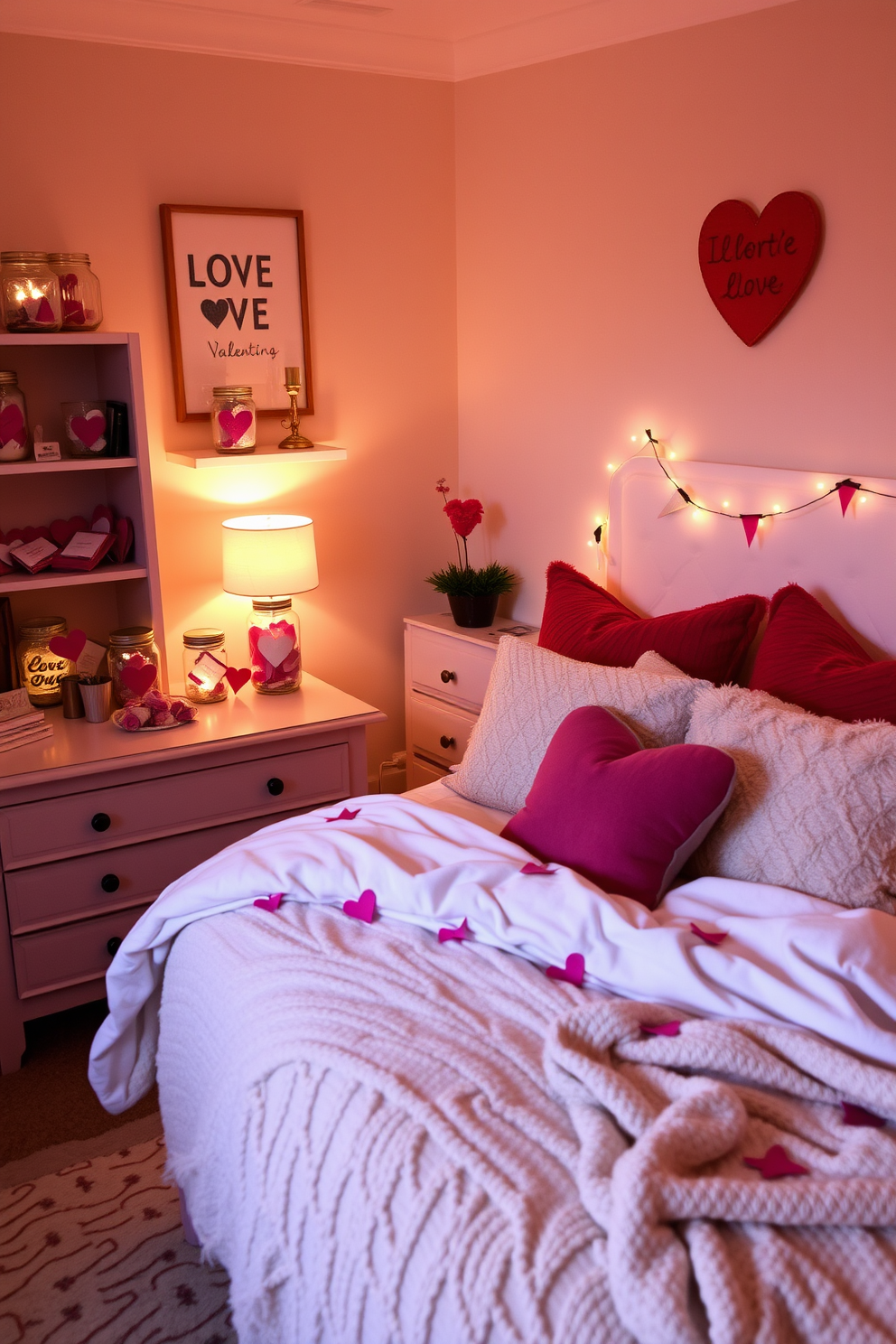 A cozy bedroom filled with love notes in decorative jars placed around the room. The jars are beautifully arranged on shelves and the nightstand, adding a personal touch to the Valentine's Day decor. Soft, romantic lighting illuminates the space, casting a warm glow over the pastel-colored walls. Plush pillows and a soft throw blanket on the bed enhance the inviting atmosphere, creating a perfect retreat for celebrating love.