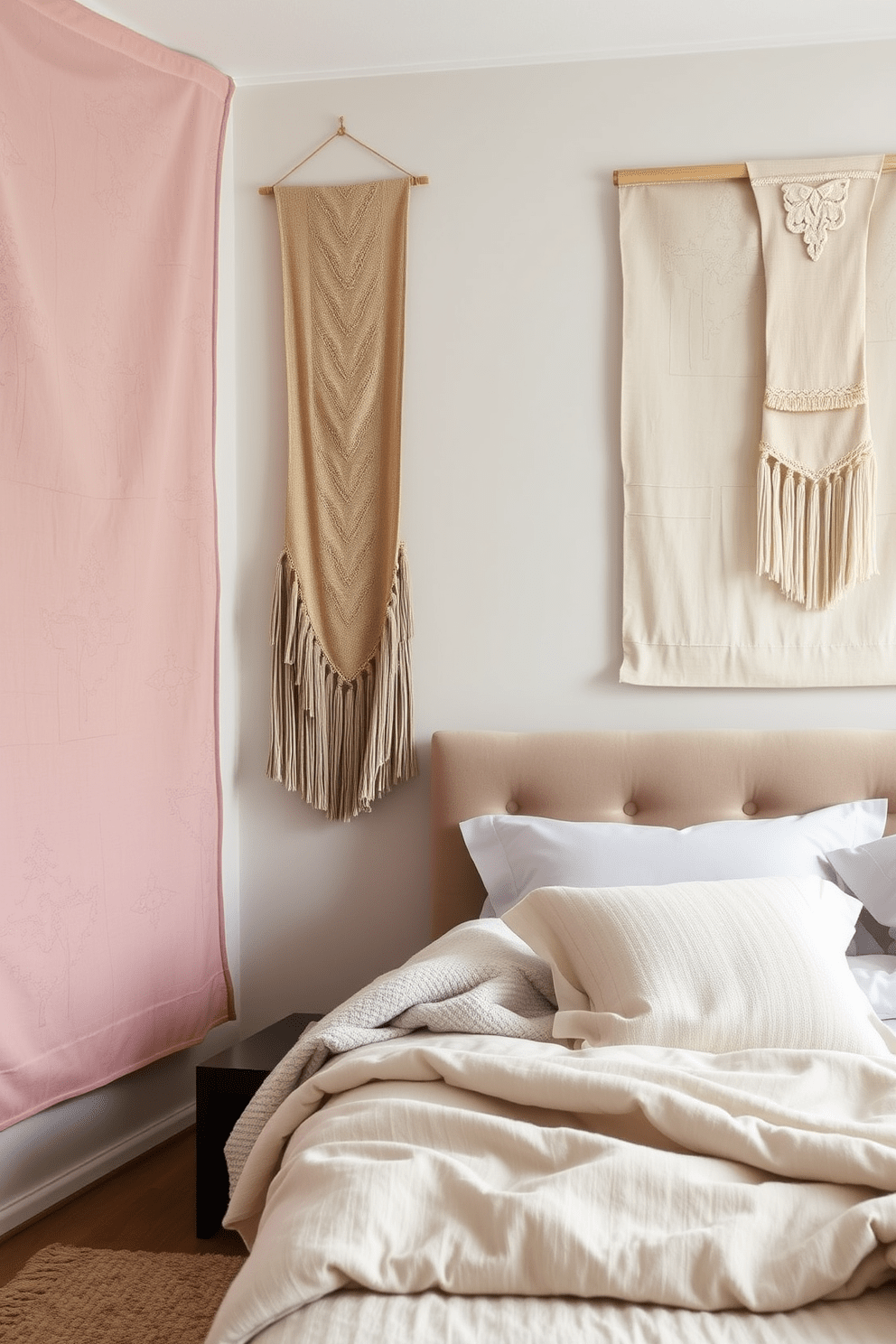 A serene bedroom setting featuring fabric wall hangings that add a touch of softness to the space. The walls are adorned with large, textured panels in soft pastels, creating a calming atmosphere. A plush headboard complements the fabric wall hangings, enhancing the overall comfort of the room. The bedding features layers of cozy textiles in coordinating colors, inviting relaxation and tranquility.