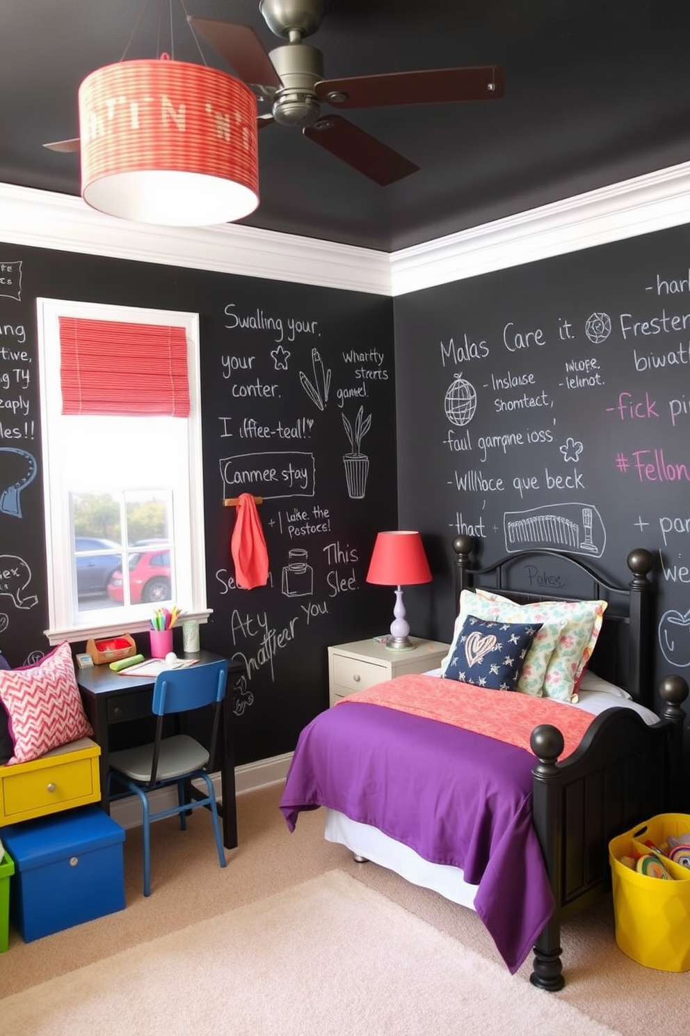 A playful bedroom setting featuring walls painted with chalkboard paint. The design encourages creativity and fun, allowing for personalized drawings and messages to be easily added and changed. The room includes a cozy bed with colorful bedding and a small desk for art supplies. Bright accents in the decor complement the chalkboard walls, creating an inviting and imaginative atmosphere.