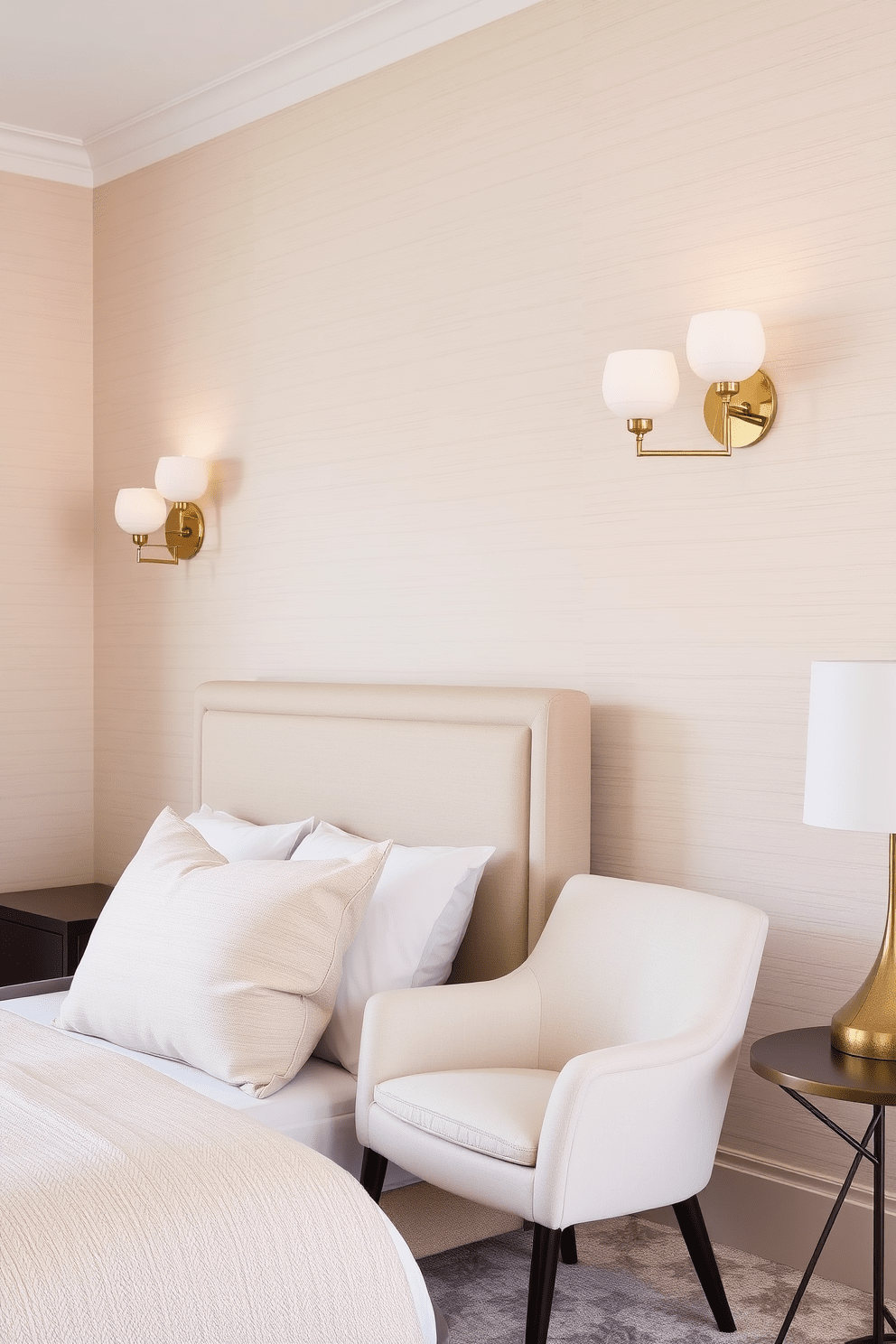 A serene bedroom featuring layered wall sconces that provide soft ambient lighting. The walls are adorned with a textured fabric wallpaper in a calming pastel hue, enhancing the overall tranquility of the space. The sconces are elegantly designed, positioned on either side of a plush upholstered headboard. A cozy reading nook is created by placing a stylish armchair next to a small side table, inviting relaxation.