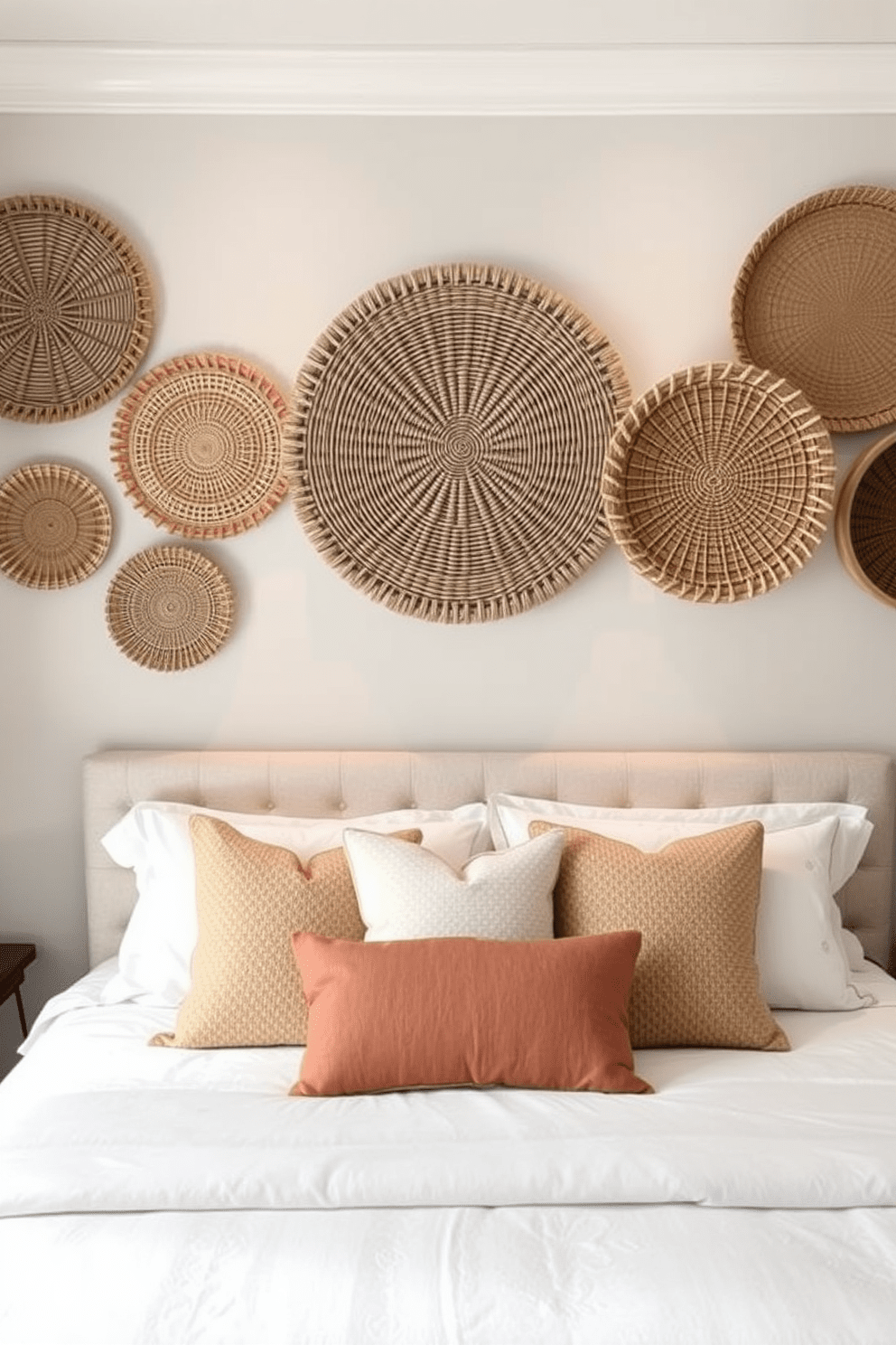 Woven wall baskets create a stunning focal point in the bedroom, adding texture and depth to the space. Arrange them in a visually appealing pattern above the bed to enhance the overall aesthetic. Consider a soft color palette for the walls, such as pale beige or light gray, to complement the natural fibers of the baskets. Incorporate accent lighting to highlight the textures and create a warm, inviting atmosphere.