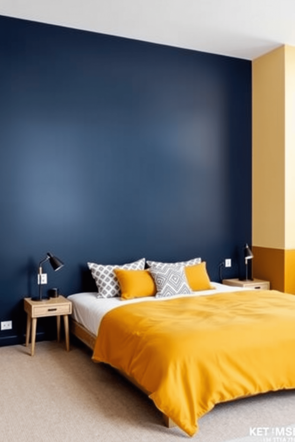 A contemporary bedroom featuring a color-blocking technique with bold hues on the walls. One wall is painted in a deep navy blue while the adjacent wall is a vibrant mustard yellow, creating a striking contrast. The bed is centered against the navy wall, adorned with a mix of patterned and solid color pillows. A minimalist nightstand in natural wood sits on either side of the bed, complemented by stylish table lamps that add warmth to the space.