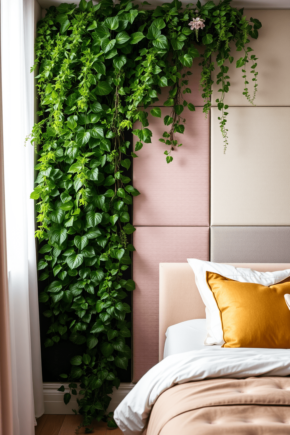 A vertical garden filled with lush indoor plants creates a vibrant and refreshing atmosphere in the bedroom. The greenery cascades down the wall, providing a natural focal point that enhances the overall aesthetic. The wall design features a combination of textured panels and soft paint colors that complement the greenery. This harmonious blend of nature and design invites tranquility and elegance into the space.