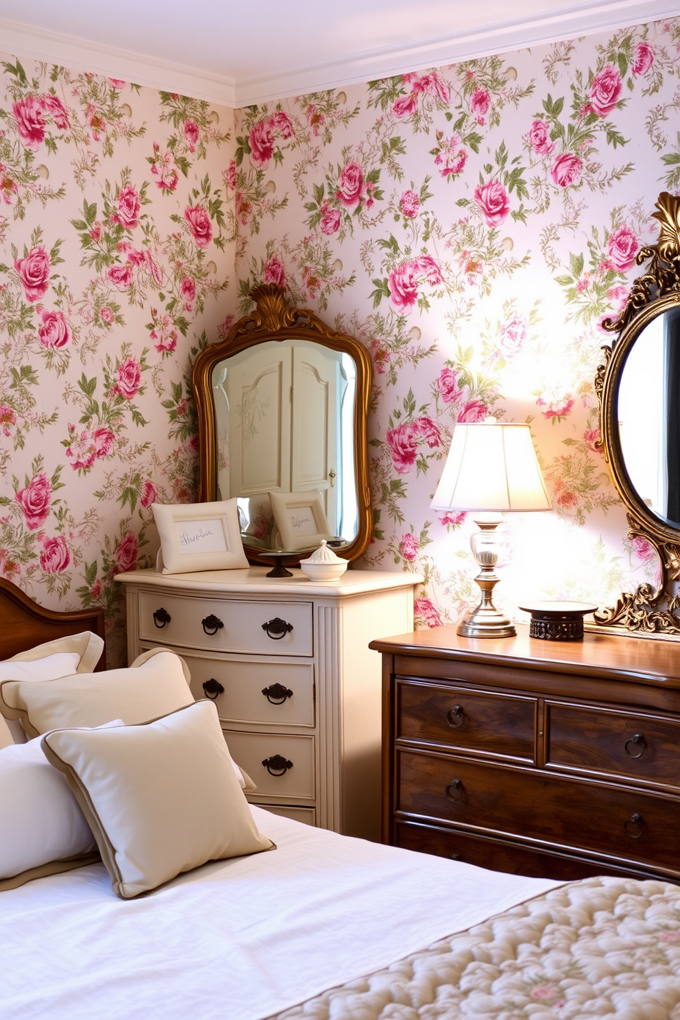 A cozy bedroom adorned with vintage floral wallpaper that evokes a sense of nostalgia. The walls are complemented by a classic wooden bed frame with soft white linens and an assortment of plush throw pillows. A vintage dresser with ornate detailing sits against one wall, topped with a decorative mirror in an antique gold frame. The room features warm lighting from a stylish bedside lamp, creating an inviting atmosphere perfect for relaxation.