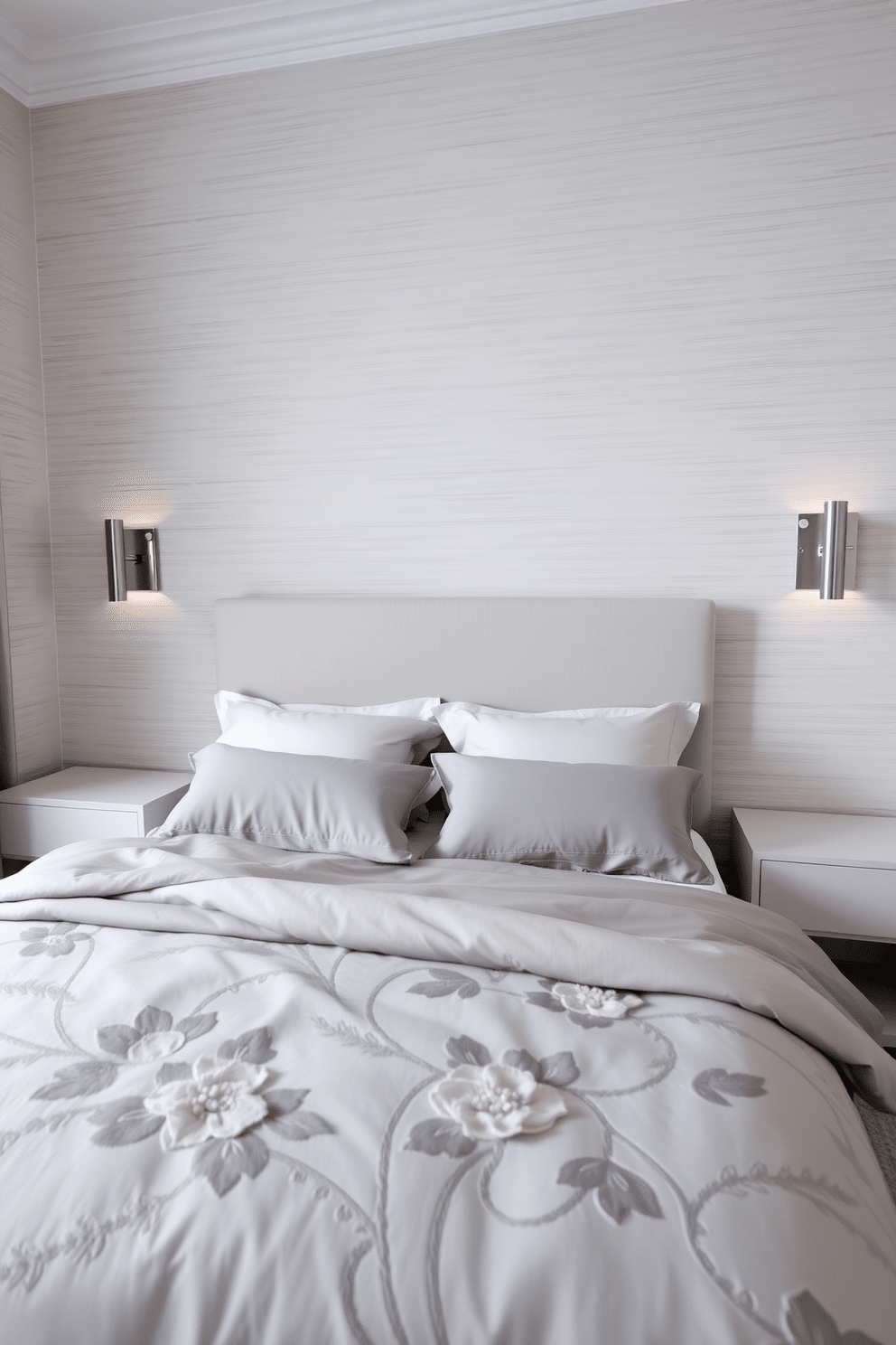 A serene bedroom featuring a monochromatic color scheme with soft shades of gray. The walls are adorned with textured wallpaper that adds depth, while the bedding is a combination of various gray tones for a cohesive look. A minimalist headboard in a light gray fabric complements the bedding, and matching nightstands flank each side of the bed. Soft ambient lighting from sleek wall sconces enhances the tranquil atmosphere, creating a perfect retreat for relaxation.