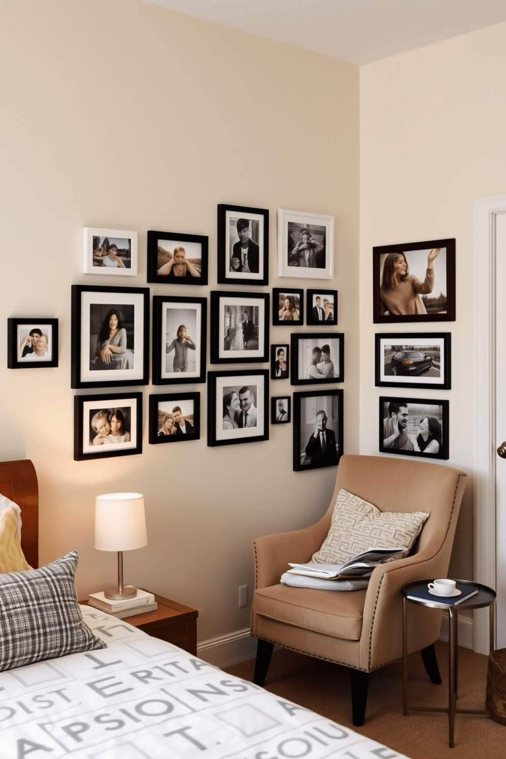 A gallery wall adorned with personal photos creates a warm and inviting atmosphere in the bedroom. The arrangement features a mix of framed memories in various sizes, showcasing cherished moments and adding a personal touch to the space. The wall is painted in a soft, neutral color to enhance the visual impact of the photos. Complementing the gallery, a cozy reading nook is positioned nearby, featuring a plush armchair and a small side table for books and beverages.