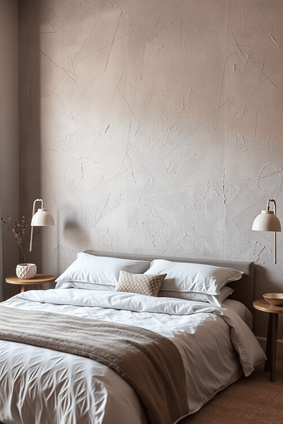 Textured plaster creates a stunning artistic finish for a bedroom wall. The soft, muted tones of the plaster enhance the warmth and sophistication of the space. Incorporating layered textures can add depth and character to the room. Consider using a combination of smooth and rough finishes to create an inviting atmosphere.