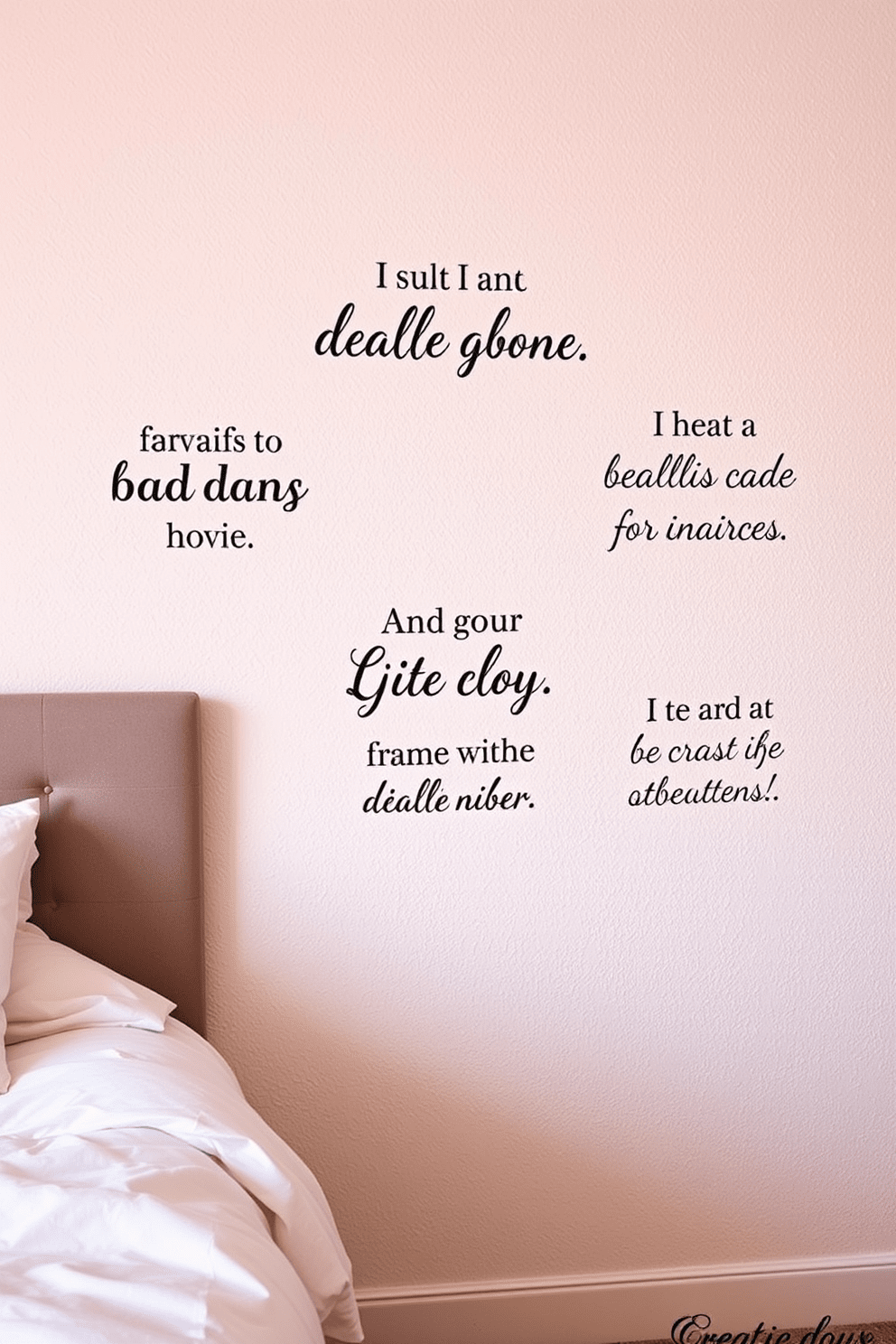 Create a serene bedroom atmosphere featuring inspirational quotes elegantly displayed in stylish typography. The wall design incorporates soft pastel colors with a textured finish, providing a calming backdrop for the motivational phrases.