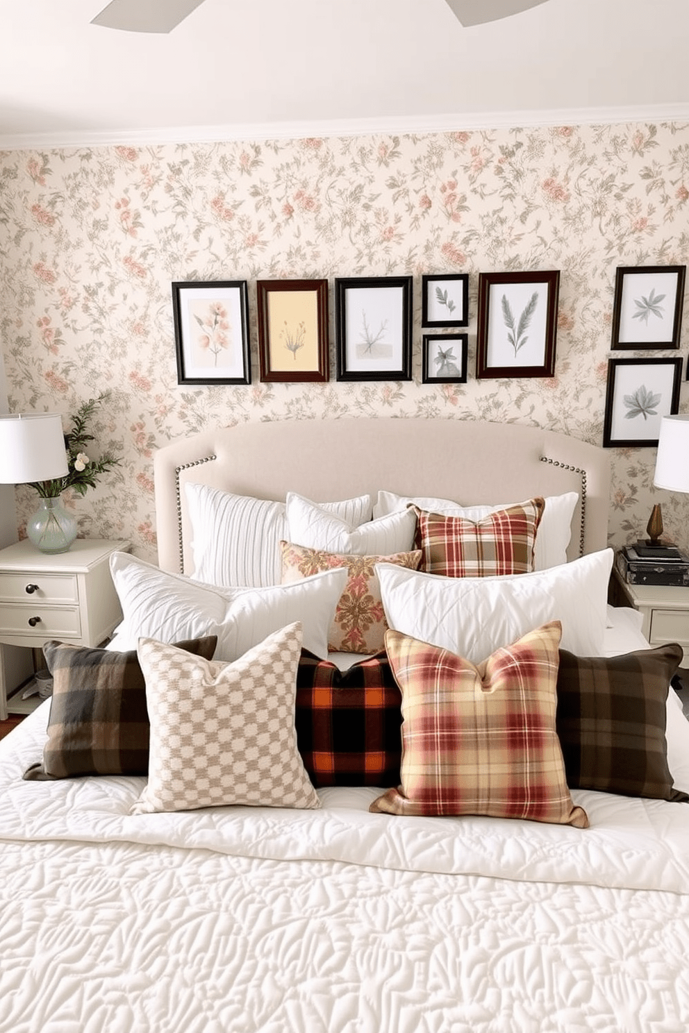 A cozy bedroom featuring seasonal decor that can be easily changed. Soft pastel colors dominate the space with a large bed dressed in a light quilt and seasonal throw pillows. The walls are adorned with removable wallpaper that showcases a floral pattern for spring and a warm plaid for autumn. A gallery wall displays framed seasonal art that can be swapped out to refresh the room's look.