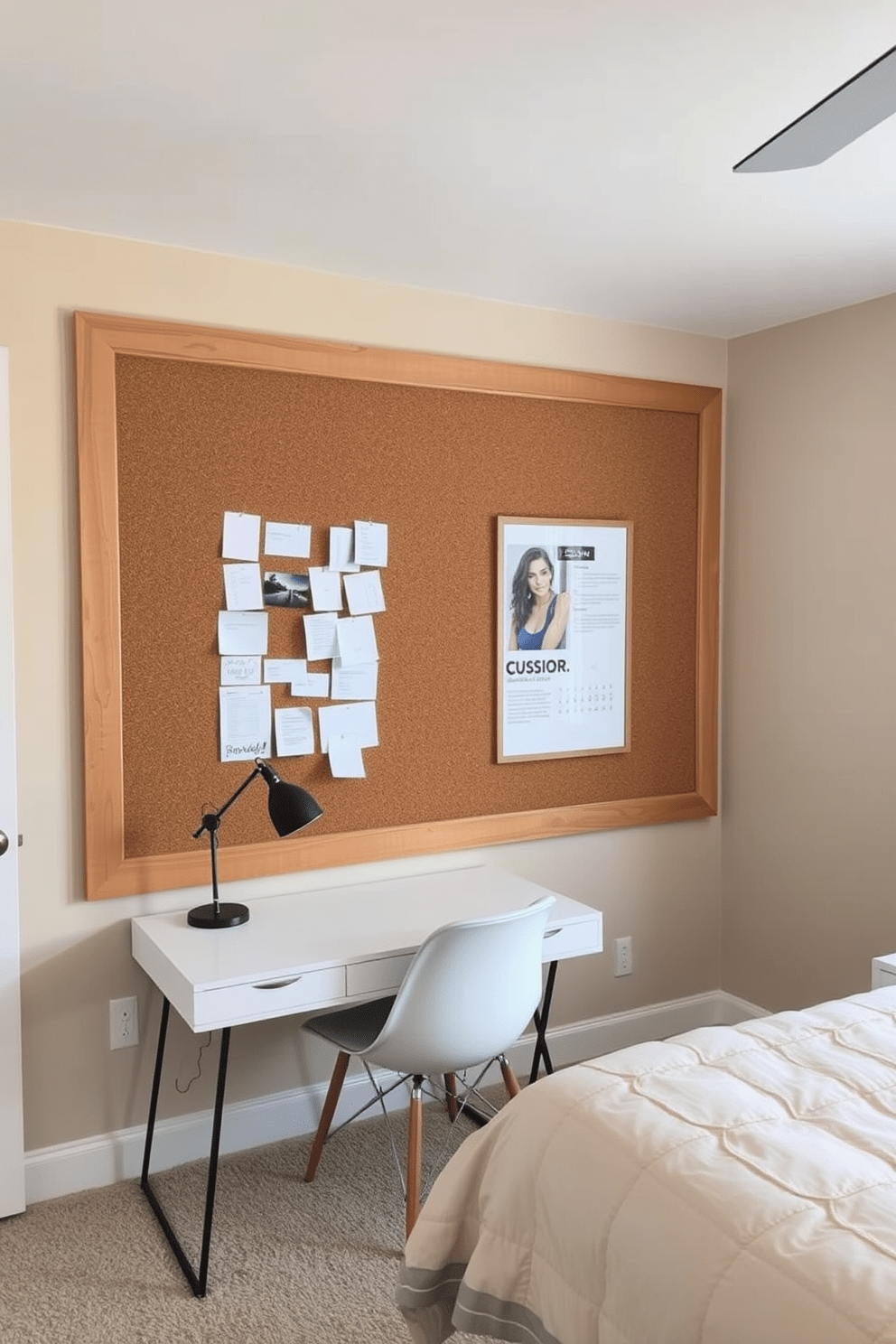 A cozy bedroom featuring a corkboard wall designed for notes and reminders. The corkboard is framed with natural wood, providing a warm and inviting touch to the space. The wall is painted in a soft beige tone to complement the corkboard. A stylish desk with a comfortable chair sits nearby, creating an ideal workspace within the bedroom.