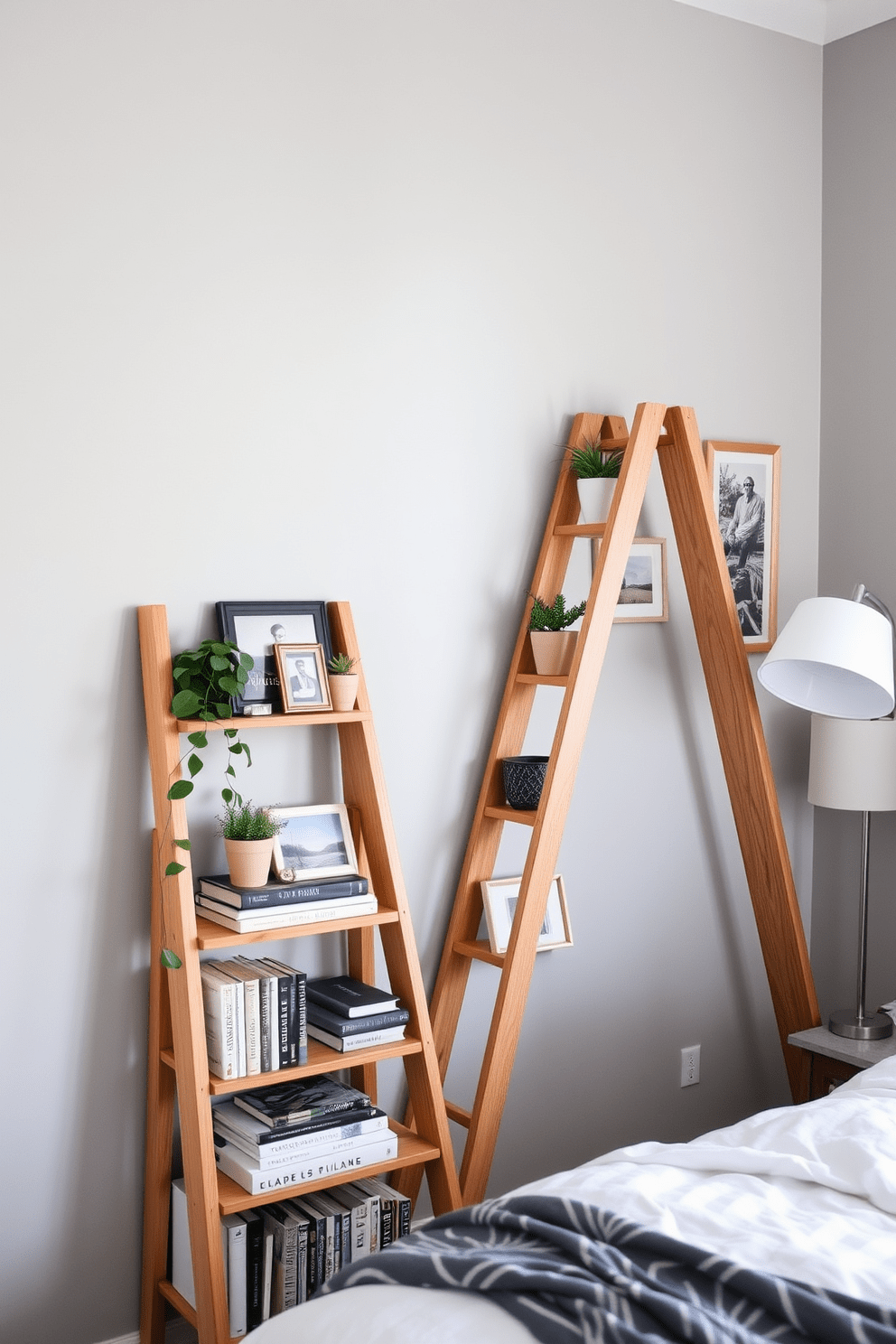 A stylish ladder shelf made of natural wood leans against a soft gray wall, adorned with a collection of books and curated decor items. The shelf features potted plants and framed photographs, creating a cozy and inviting atmosphere in the bedroom. The wall behind the ladder shelf is painted in a calming pastel hue, complemented by subtle wall art that adds character without overwhelming the space. Soft lighting from a nearby lamp highlights the textures and colors, enhancing the overall aesthetic of the room.