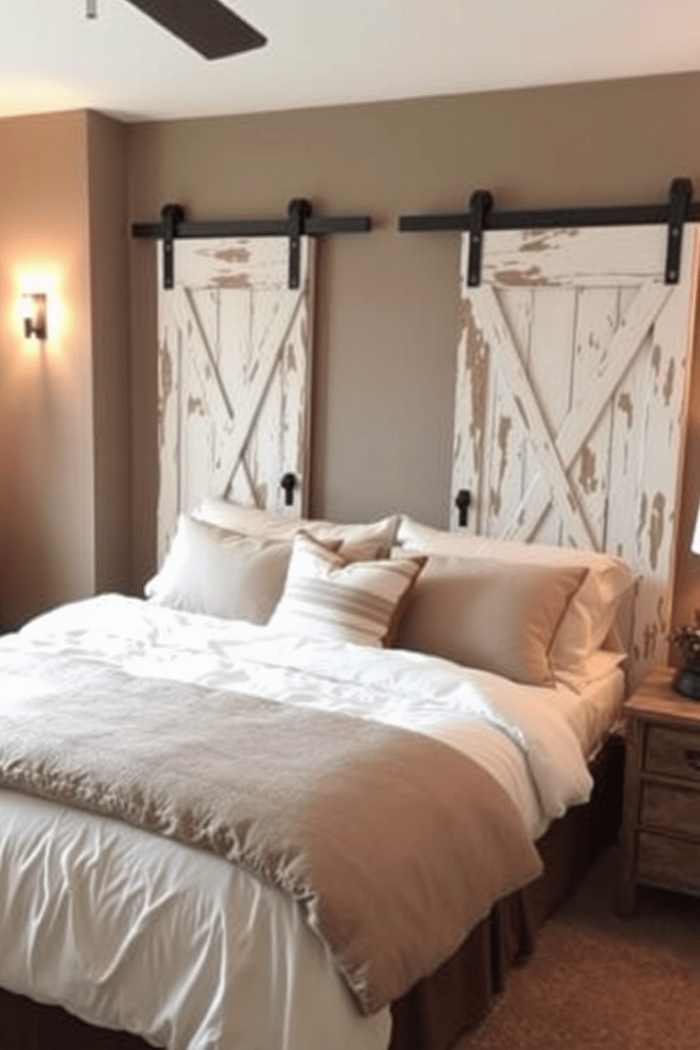 A cozy bedroom featuring rustic barn doors as wall decor. The barn doors are painted in a weathered white finish and are flanked by soft, ambient lighting that highlights their texture. The walls are painted in a warm taupe color, creating a welcoming atmosphere. A plush bed with layered bedding complements the rustic charm of the barn doors, while wooden accents add to the overall design.