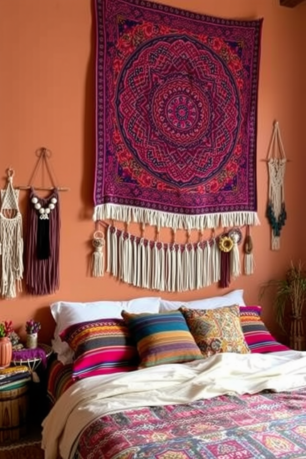 A vibrant tapestry with intricate patterns hangs above the bed, adding a bohemian flair to the room. The walls are painted in soft earth tones, complementing the warm hues of the tapestry and creating a cozy atmosphere. Layered textiles in rich colors and textures are used throughout the space, enhancing the eclectic vibe. Decorative wall hangings and macramé accents create visual interest and reflect a relaxed, artistic style.