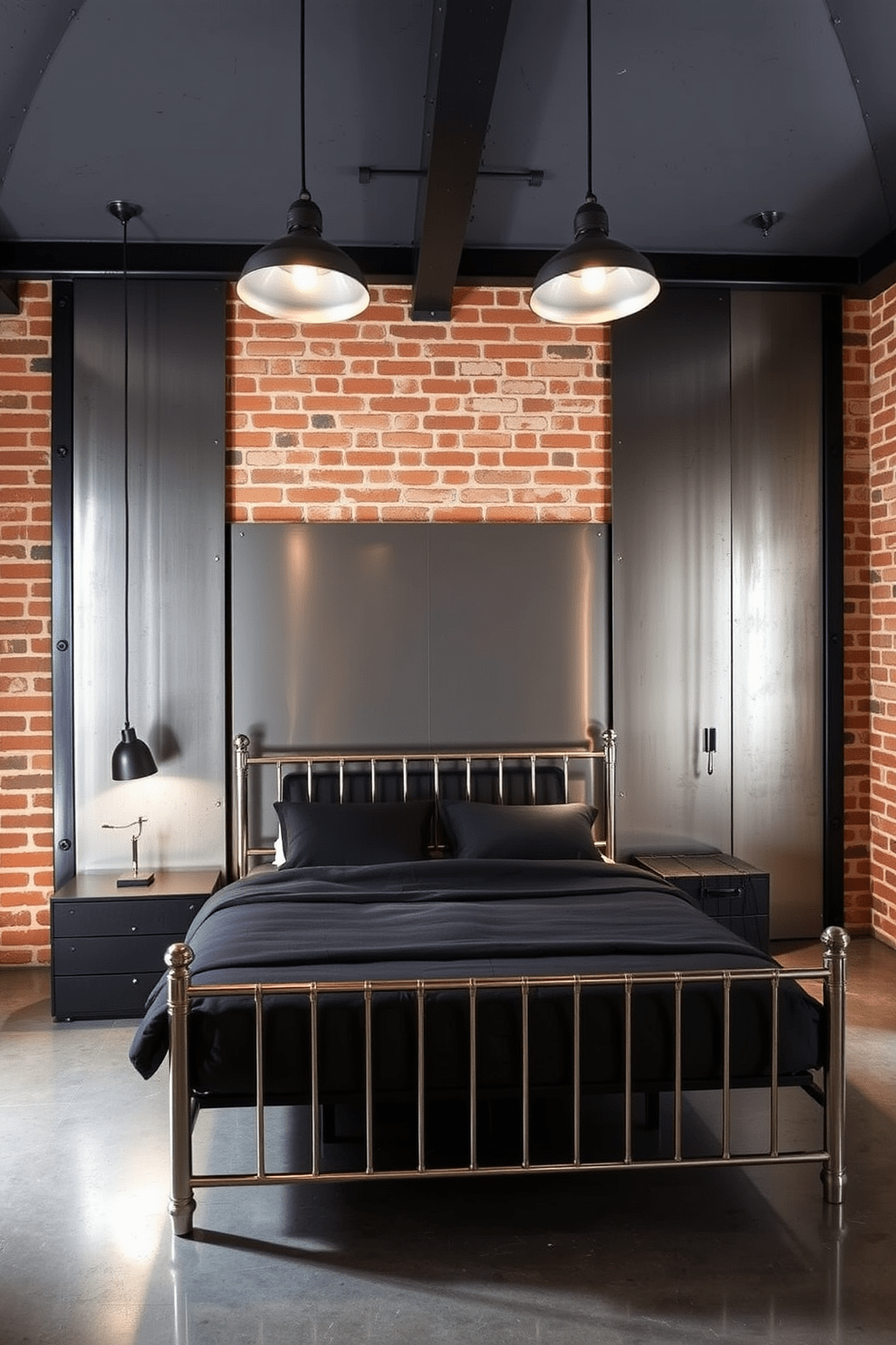 A striking bedroom featuring industrial metal accents that create an edgy atmosphere. The walls are adorned with a mix of exposed brick and sleek metal panels, providing a bold contrast. A large metal bed frame sits at the center, complemented by minimalist bedding in dark tones. Industrial-style light fixtures hang from the ceiling, casting a warm glow over the space.