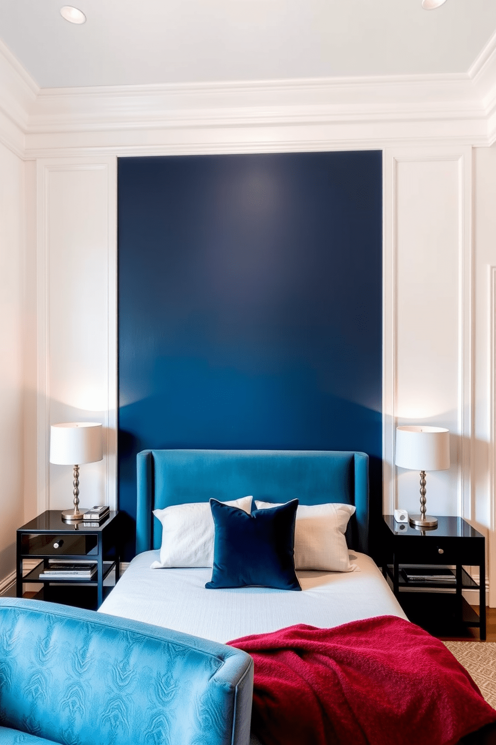 A bold accent wall in a deep navy blue creates a striking focal point in the bedroom. The surrounding walls are painted in a soft white to enhance the richness of the accent color. The bed is positioned against the accent wall, featuring a plush upholstered headboard in a complementary shade. Stylish bedside tables with modern lamps flank the bed, adding functional elegance to the space.