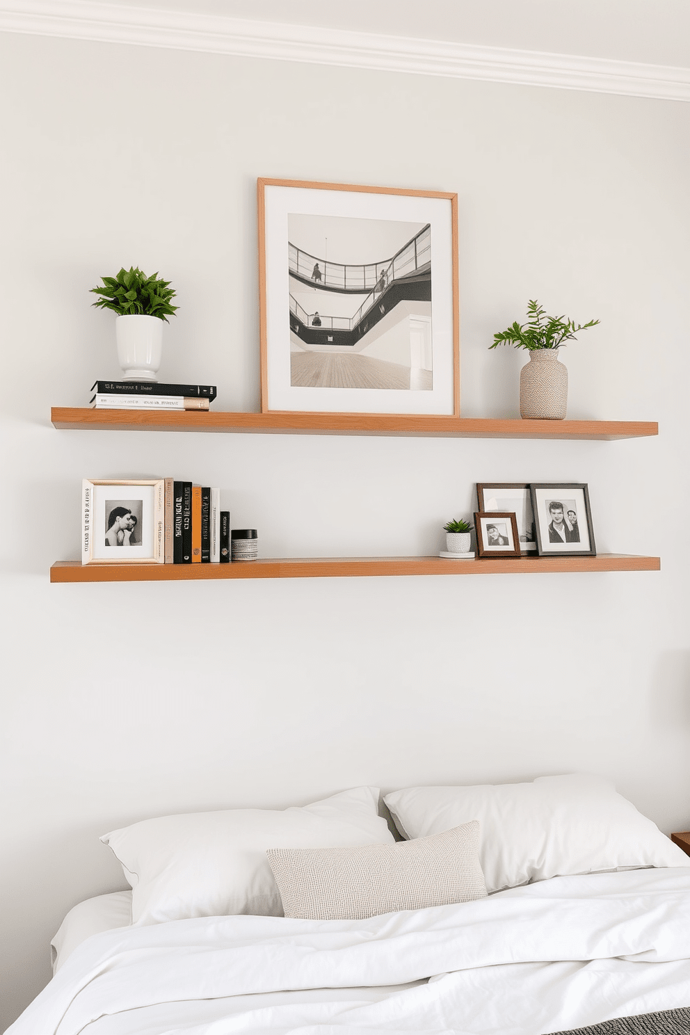 A serene bedroom featuring floating shelves elegantly mounted above a cozy bed. The shelves are adorned with carefully curated decorative items including books, plants, and framed photos, creating a personalized touch. The walls are painted in a soft pastel hue, enhancing the tranquil atmosphere of the space. A statement piece of artwork hangs above the bed, complementing the overall design and adding visual interest.