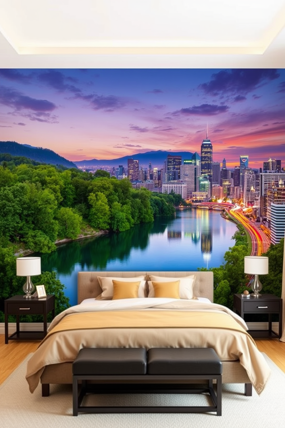 A stunning mural depicting a serene nature scene with lush green trees and a tranquil lake creates a calming atmosphere in the bedroom. The mural's colors blend harmoniously with the soft beige walls, enhancing the overall tranquility of the space. For a dynamic bedroom wall design, consider a vibrant cityscape mural showcasing a bustling skyline at sunset. The rich colors of the city lights contrast beautifully with the muted tones of the surrounding decor, adding a touch of urban sophistication to the room.