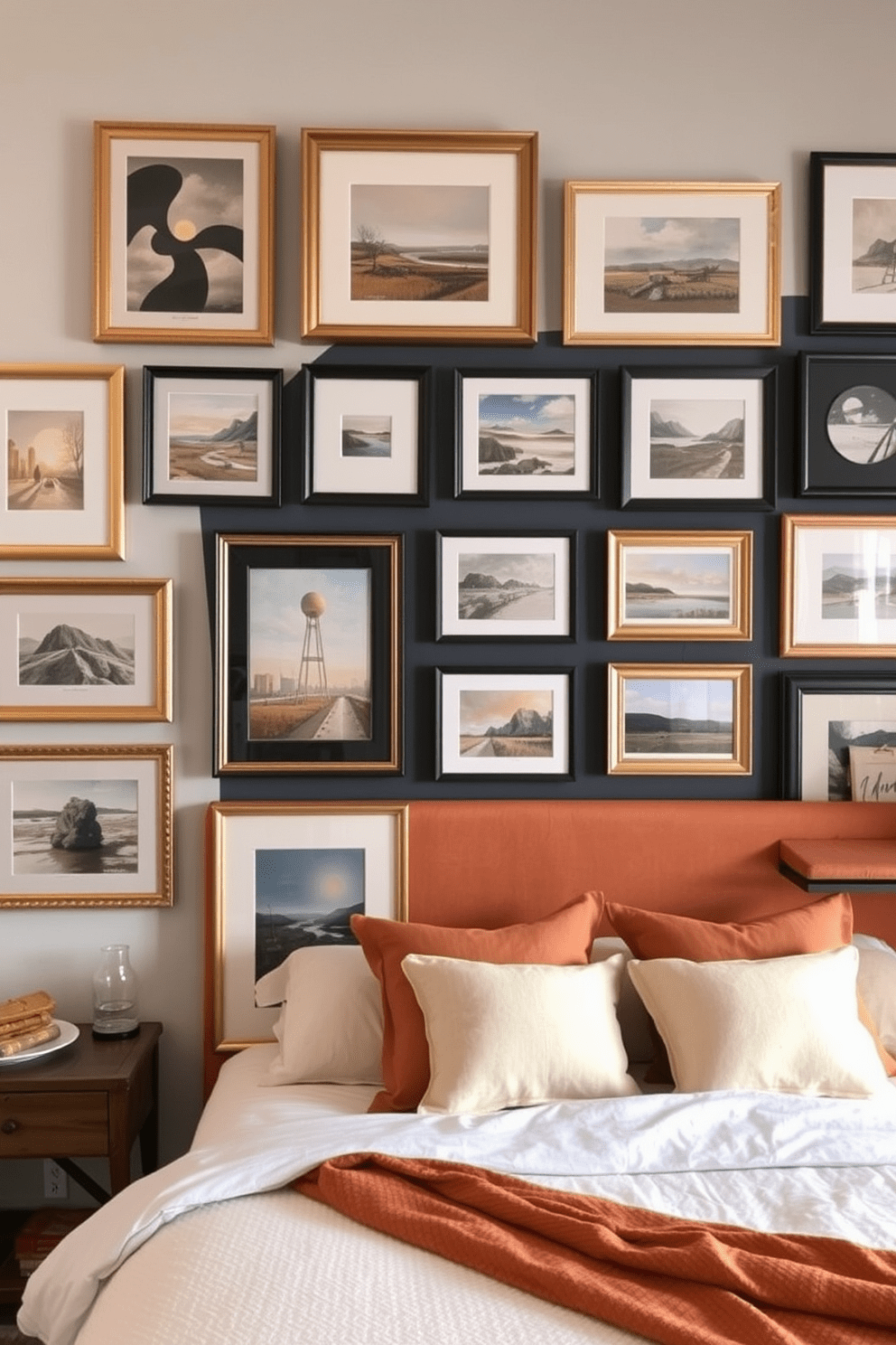 Framed art pieces in varied sizes adorn the bedroom walls, creating a dynamic and visually engaging atmosphere. The arrangement includes a mix of abstract and landscape artworks, with frames in gold, black, and natural wood finishes to complement the overall decor. The wall behind the bed features a bold accent color that enhances the art display, creating a focal point in the room. Soft ambient lighting highlights the artwork, adding warmth and depth to the bedroom design.