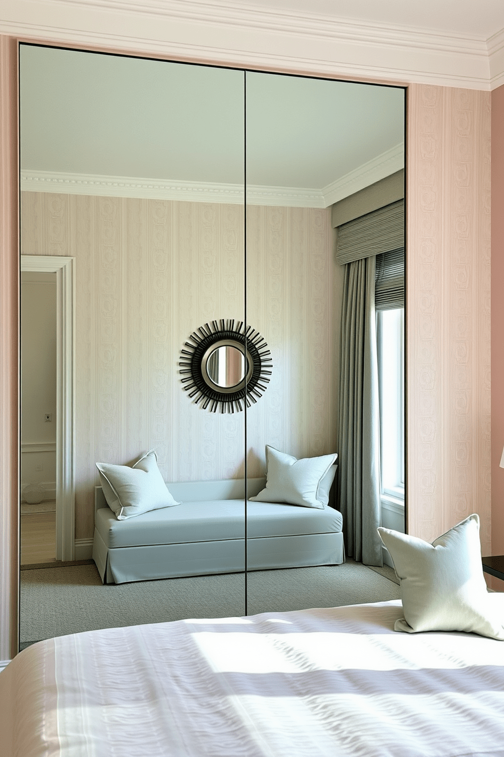 A serene bedroom featuring a large floor-to-ceiling mirror that reflects natural light, creating an illusion of a more spacious environment. The walls are adorned with soft pastel colors and textured wallpaper, adding depth and warmth to the space. A cozy reading nook is positioned near the window, accented by a smaller decorative mirror that complements the overall design. Plush throw pillows in coordinating colors enhance the inviting atmosphere, while a stylish bedside table holds a lamp for soft lighting.