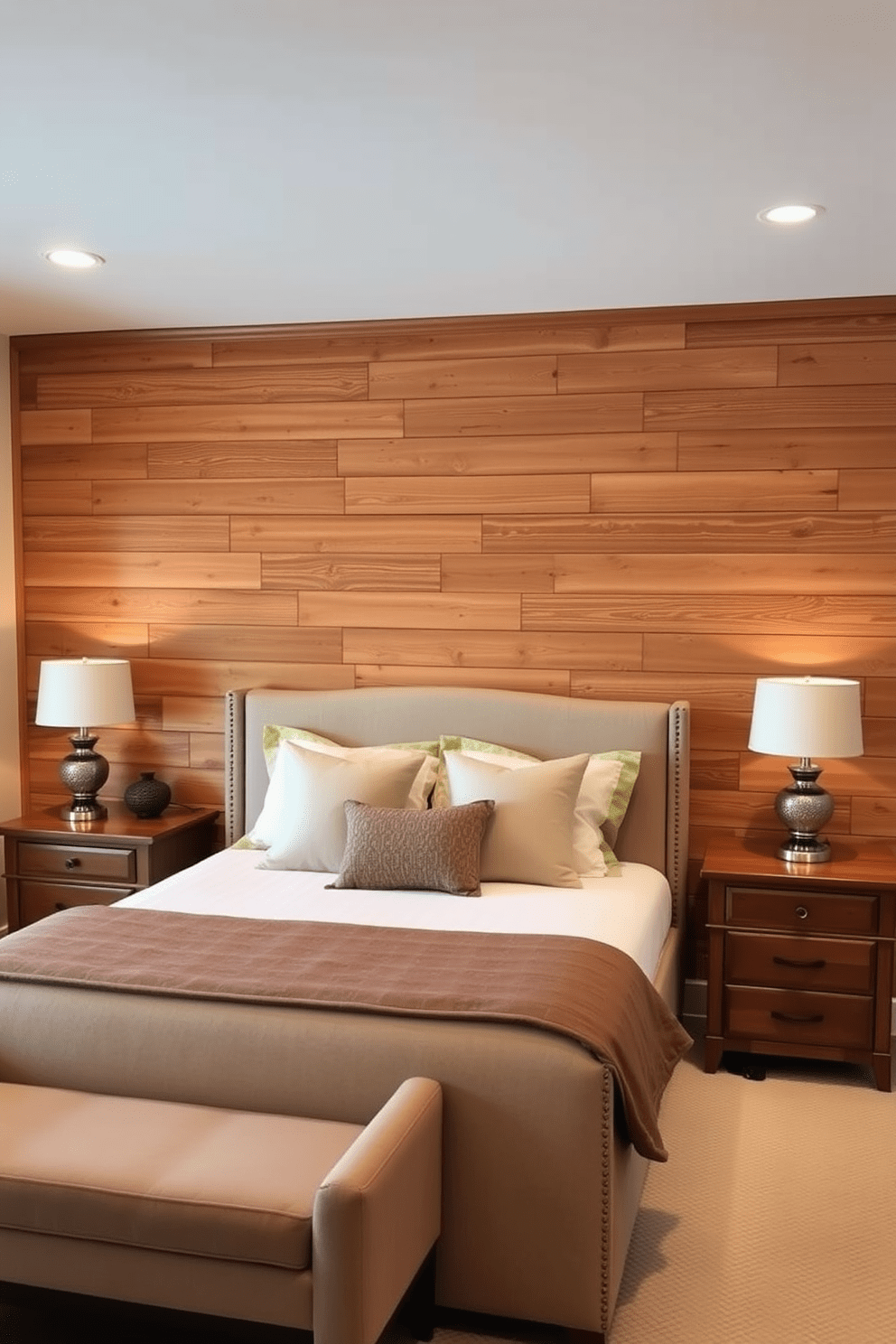 A cozy bedroom featuring warm wood paneling that adds a rustic charm. The walls are adorned with soft, neutral colors to complement the natural wood tones. A large upholstered bed with plush pillows sits against the wood-paneled wall. Beside the bed, there are wooden nightstands topped with stylish lamps for a warm glow.